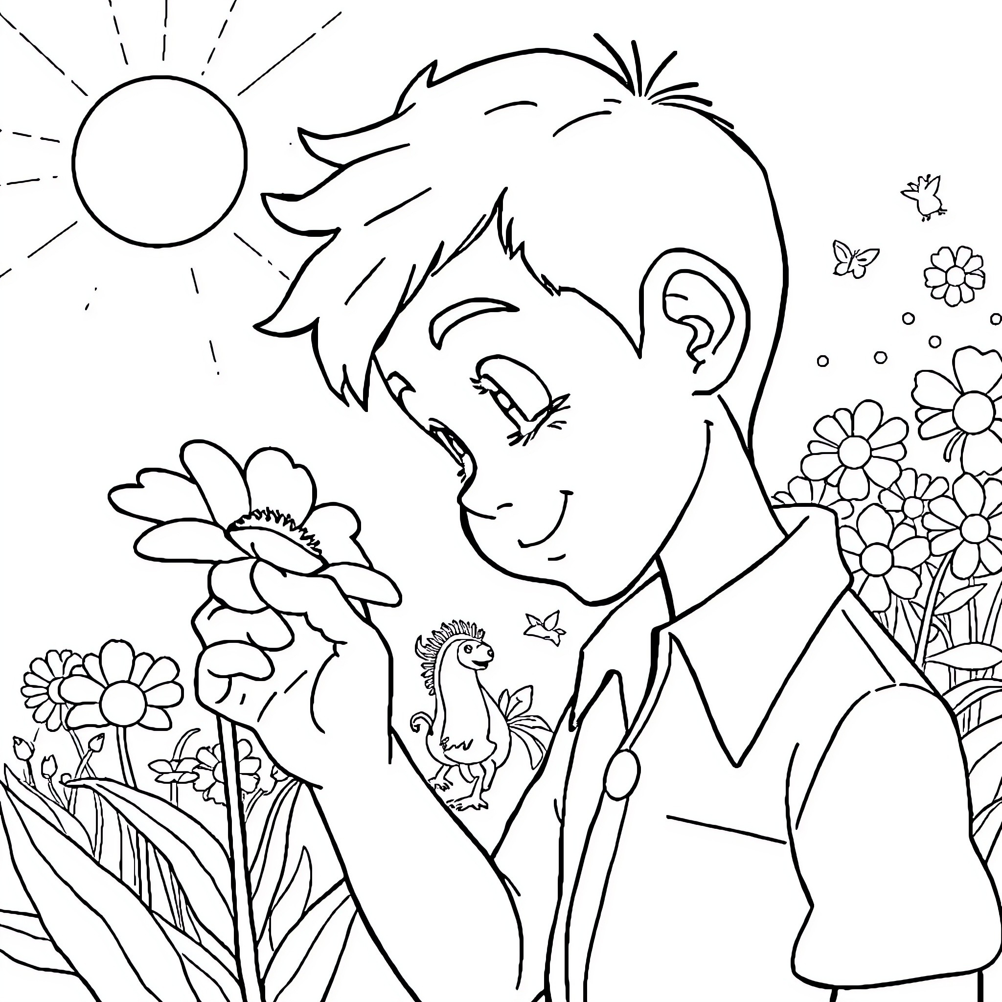 Tony enjoying the flowers and nature Coloring Page (free black-and-white line drawing printable PDF for all, from beginners to advanced learners, including children, teens, adults, and seniors)