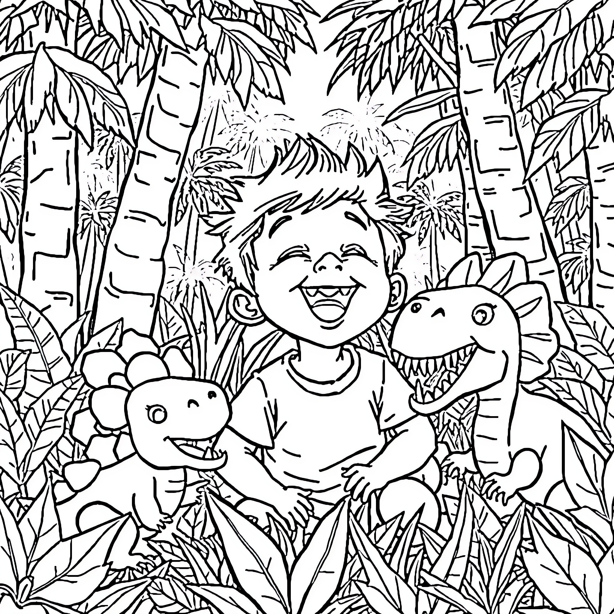 Boy Playing Happily with Dinosaurs in the Jungle Coloring Page (free black-and-white line drawing printable PDF for all, from beginners to advanced learners, including children, teens, adults, and seniors)