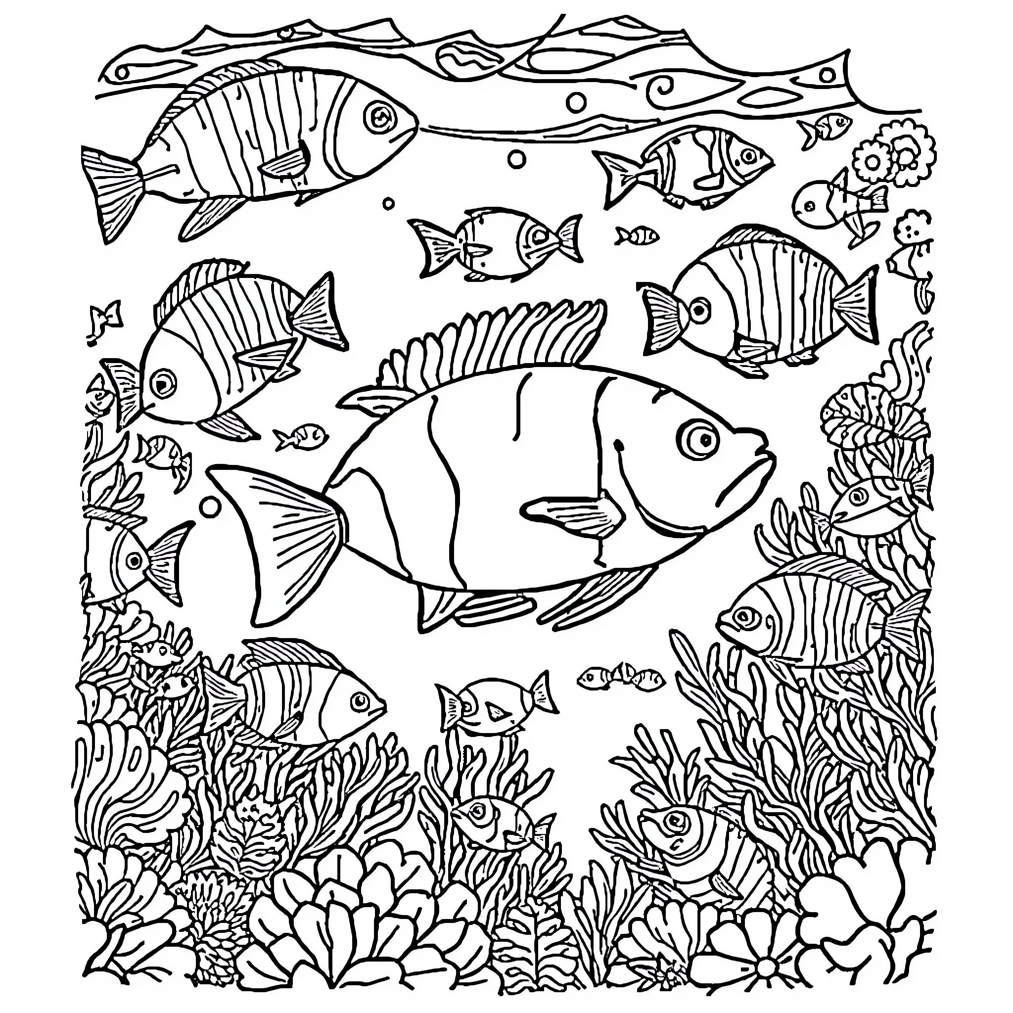 Fish swimming in an underwater scene Coloring Page (free black-and-white line drawing printable PDF for all, from beginners to advanced learners, including children, teens, adults, and seniors)