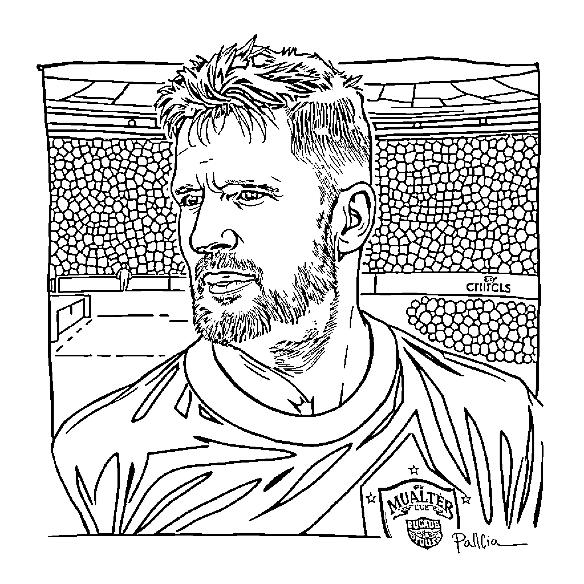 Paul Gascoigne in stadium with detailed background Coloring Page (free black-and-white line drawing printable PDF for all, from beginners to advanced learners, including children, teens, adults, and seniors)