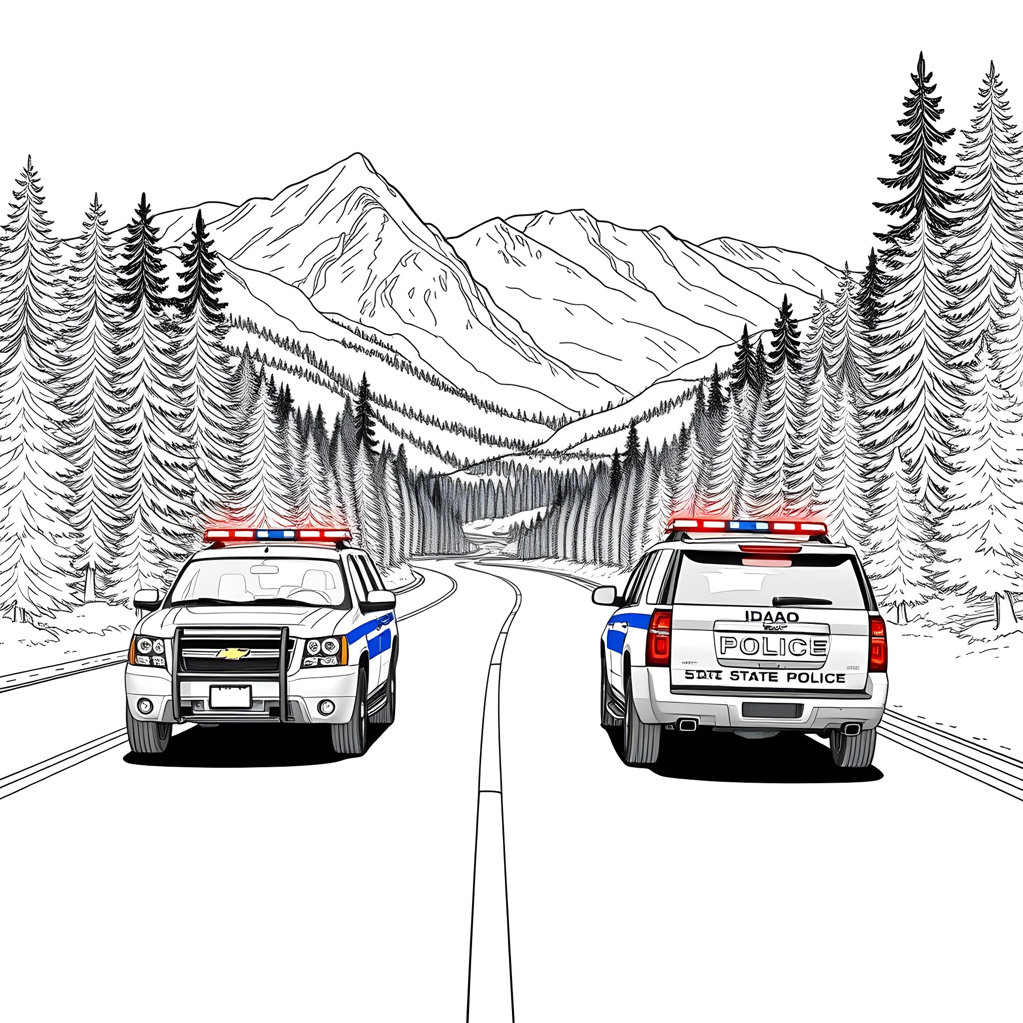 Police Vehicles Patrolling Scenic Mountain Road Coloring Page (free black-and-white line drawing printable PDF for all, from beginners to advanced learners, including children, teens, adults, and seniors)