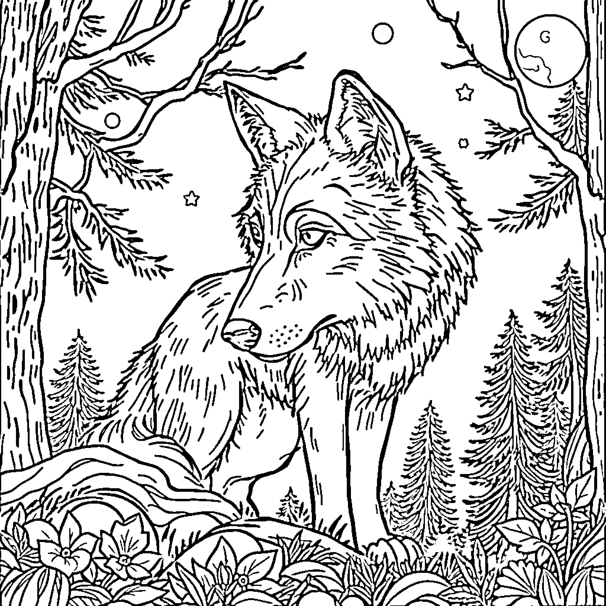 Wolf Gazing Intently in Moonlit Forest Coloring Page (free black-and-white line drawing printable PDF for all, from beginners to advanced learners, including children, teens, adults, and seniors)