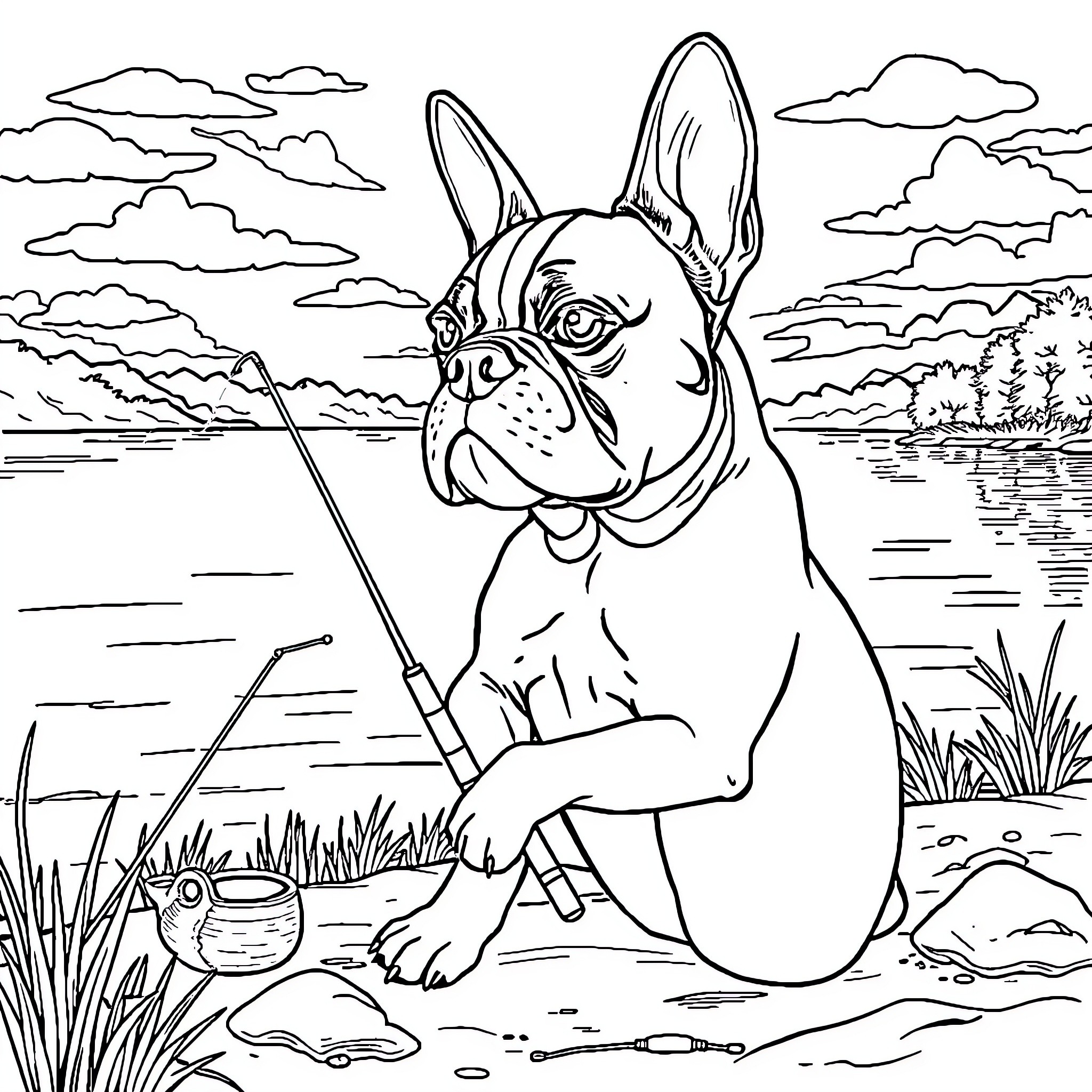 Boston Terrier fishing in the lake Coloring Page (free black-and-white line drawing printable PDF for all, from beginners to advanced learners, including children, teens, adults, and seniors)