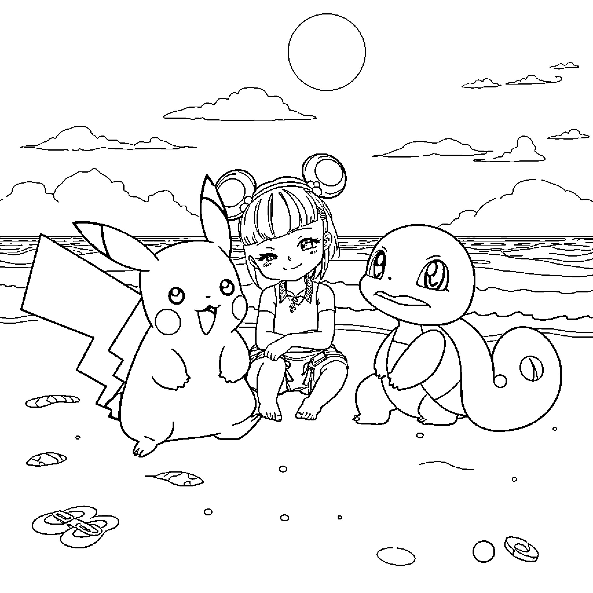 Pikachu playing with friends on the beach Coloring Page (free black-and-white line drawing printable PDF for all, from beginners to advanced learners, including children, teens, adults, and seniors)