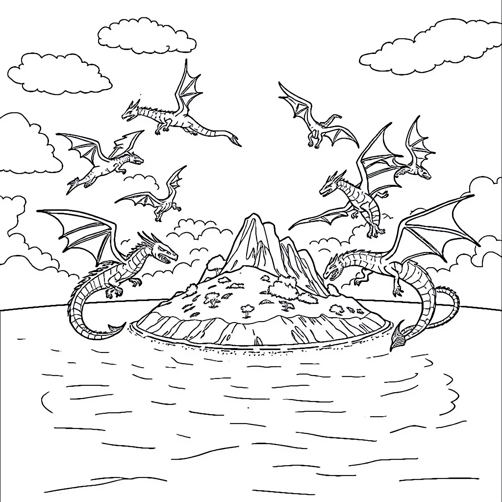 Dragon Gathering in the Sky above Majestic Mountains Coloring Page (free black-and-white line drawing printable PDF for all, from beginners to advanced learners, including children, teens, adults, and seniors)