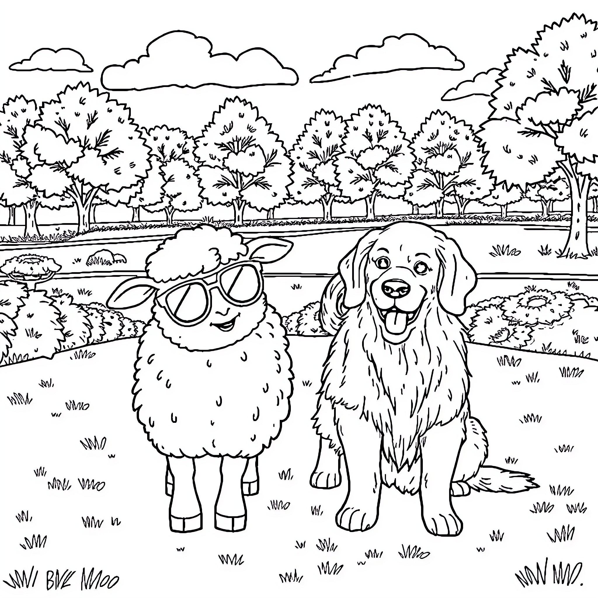 Sheep and dog playing in nature Coloring Page (free black-and-white line drawing printable PDF for all, from beginners to advanced learners, including children, teens, adults, and seniors)