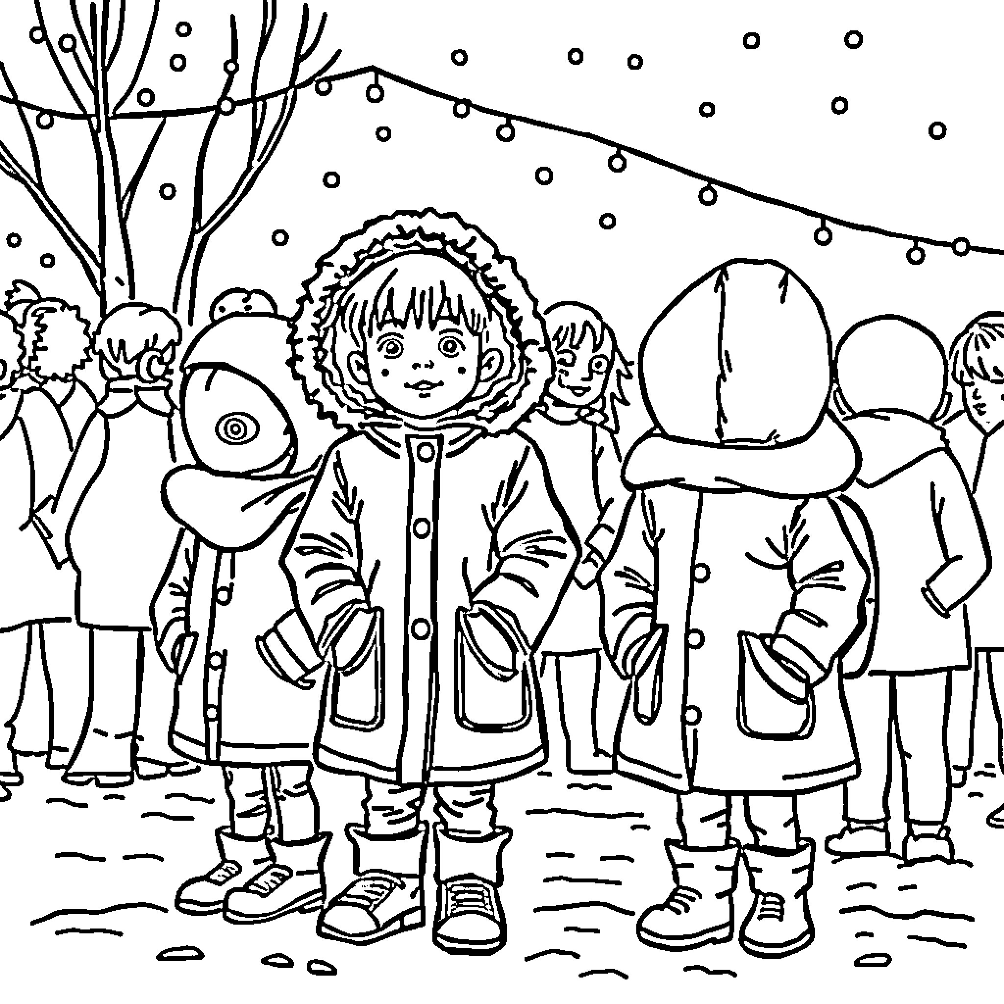 Coat-clad children exploring snowy landscape Coloring Page (free black-and-white line drawing printable PDF for all, from beginners to advanced learners, including children, teens, adults, and seniors)