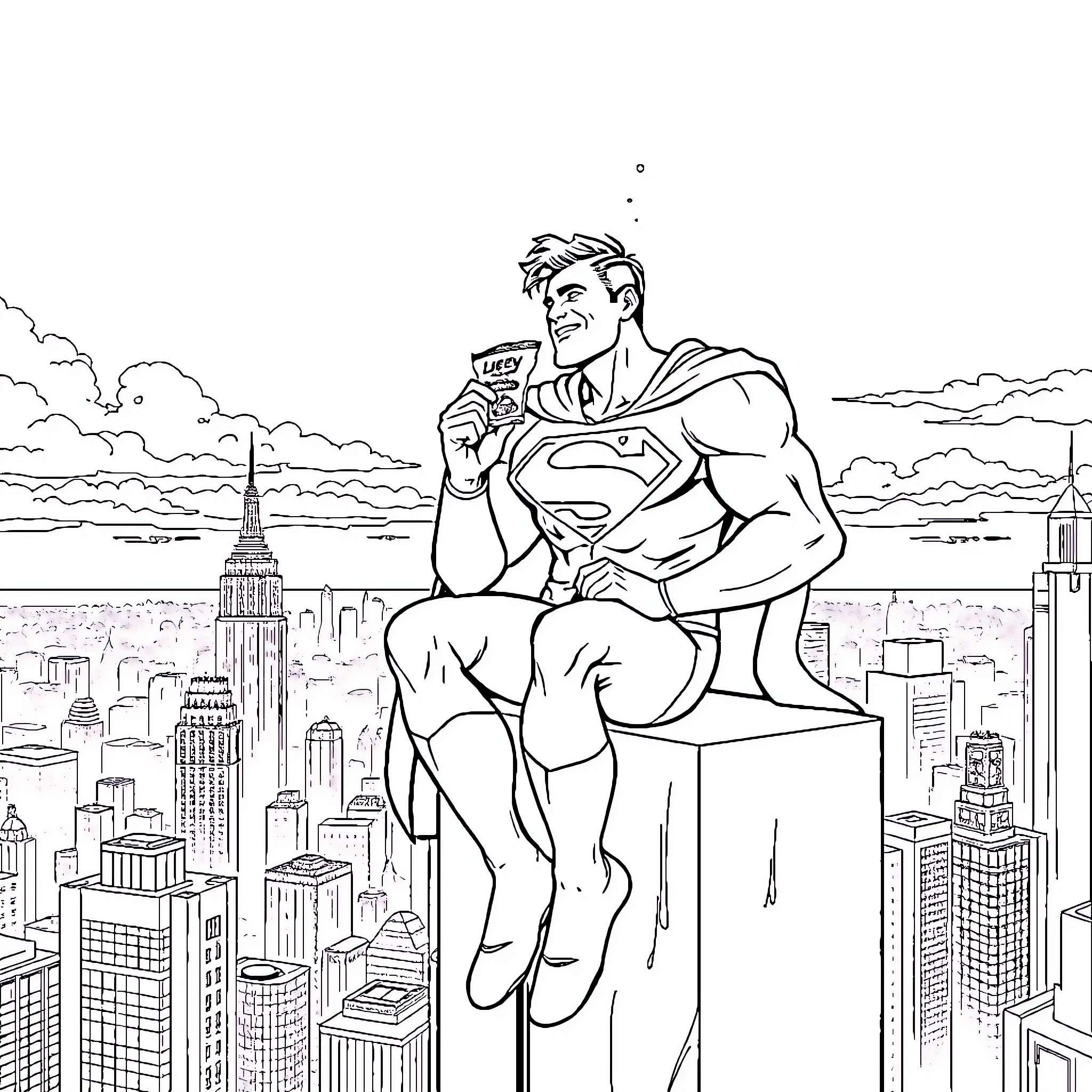 Superman heroically overlooking the city skyline Coloring Page (free black-and-white line drawing printable PDF for all, from beginners to advanced learners, including children, teens, adults, and seniors)
