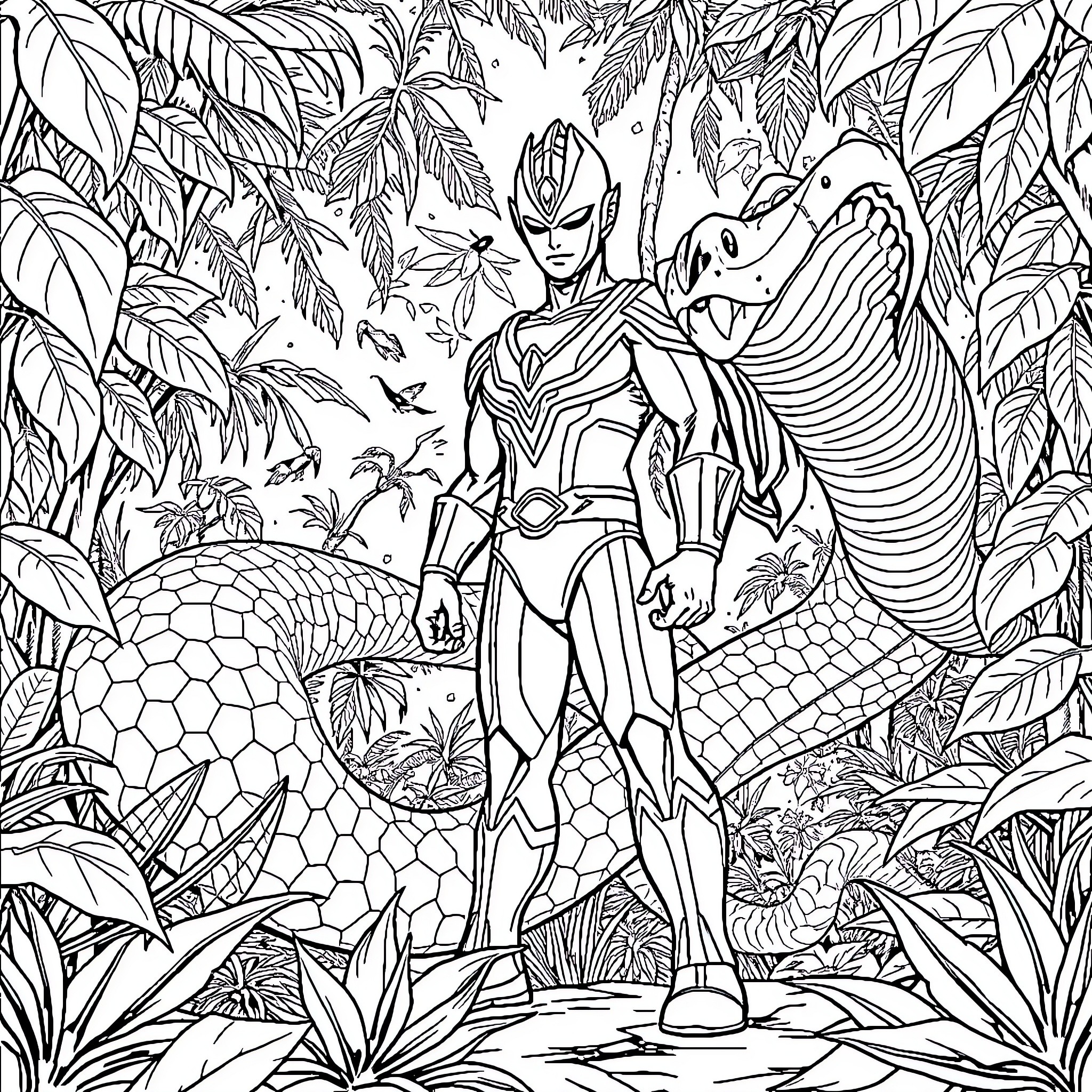 Ultraman confronting a giant serpent in a lush jungle landscape Coloring Page (free black-and-white line drawing printable PDF for all, from beginners to advanced learners, including children, teens, adults, and seniors)