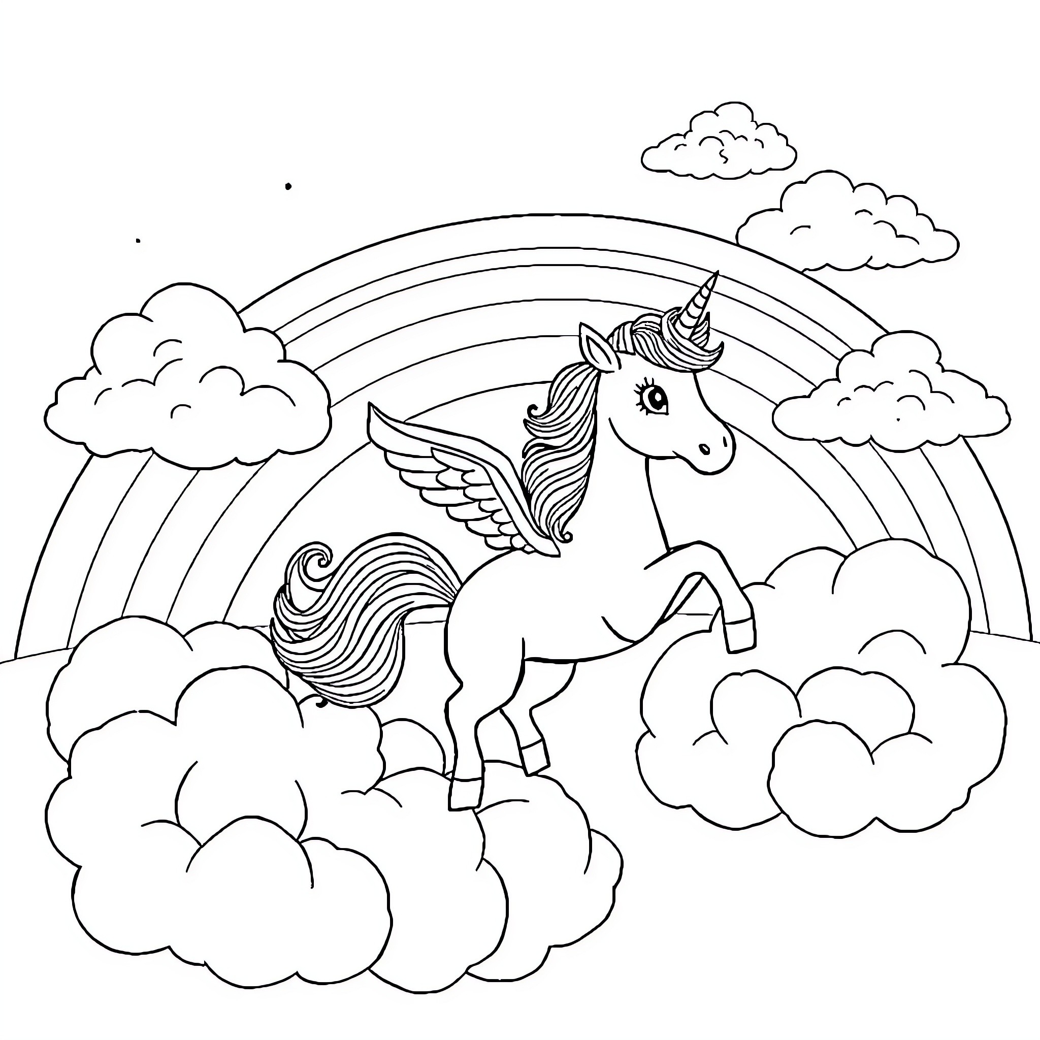 Unicorn soaring among clouds and rainbows Coloring Page (free black-and-white line drawing printable PDF for all, from beginners to advanced learners, including children, teens, adults, and seniors)