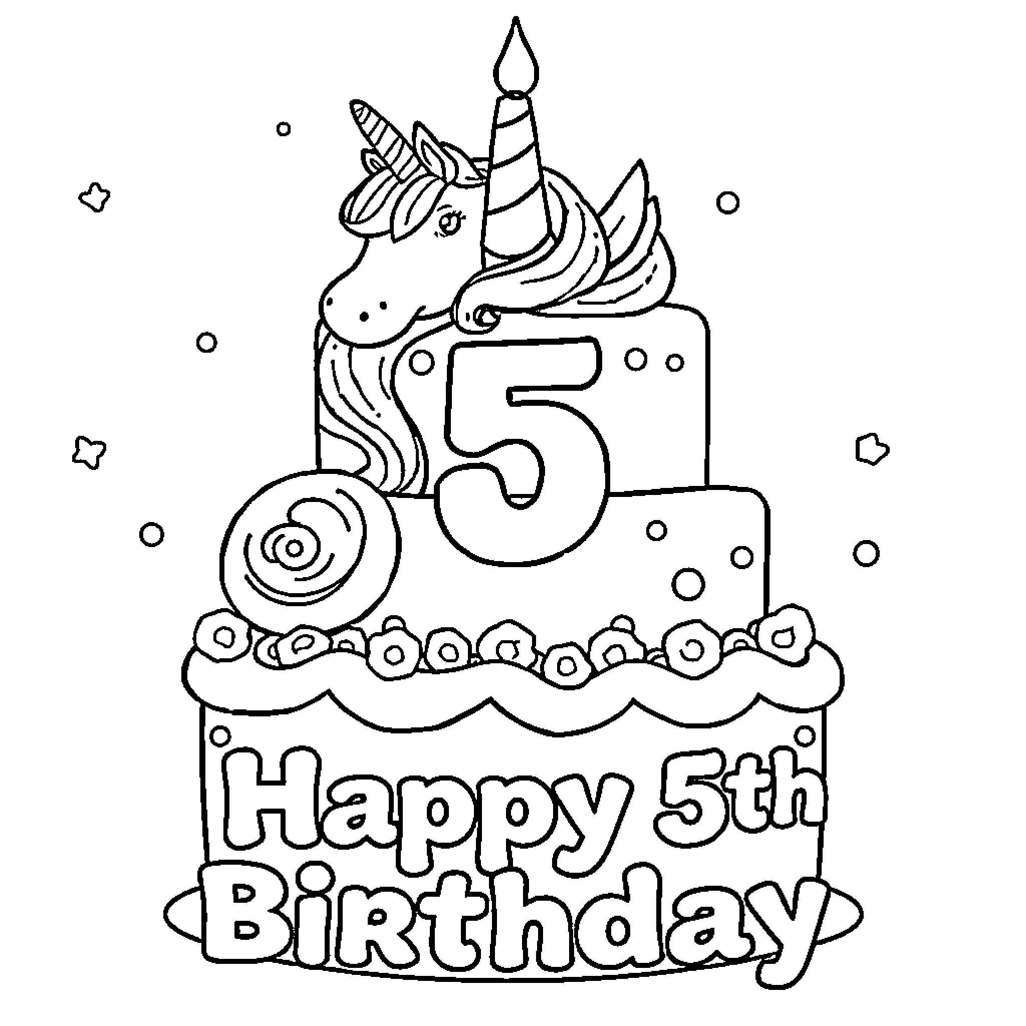 Unicorn Cake Celebrating 5th Birthday Coloring Page (free black-and-white line drawing printable PDF for all, from beginners to advanced learners, including children, teens, adults, and seniors)