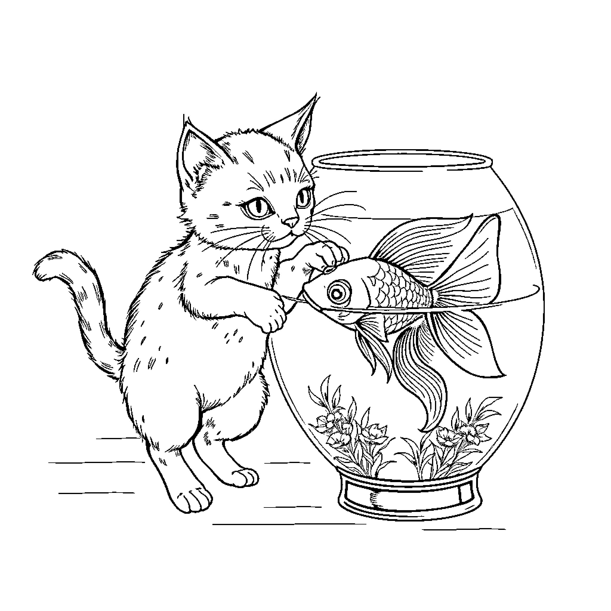 Cat Curious About Goldfish in Aquarium Coloring Page (free black-and-white line drawing printable PDF for all, from beginners to advanced learners, including children, teens, adults, and seniors)