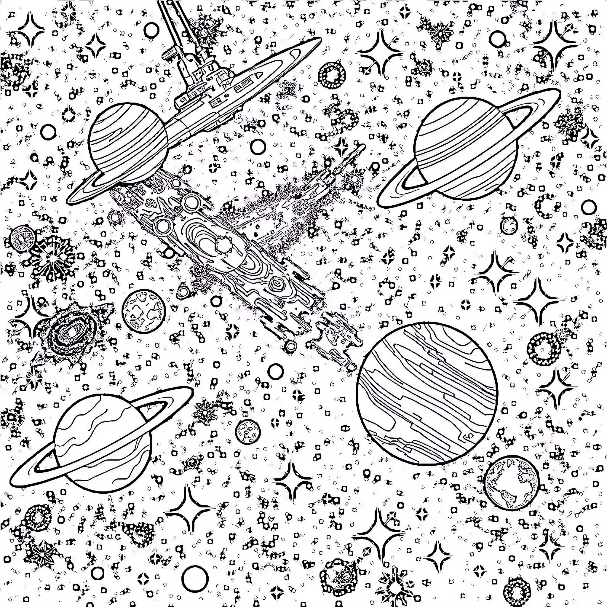 Space Exploration Amidst Cosmic Wonders Coloring Page (free black-and-white line drawing printable PDF for all, from beginners to advanced learners, including children, teens, adults, and seniors)