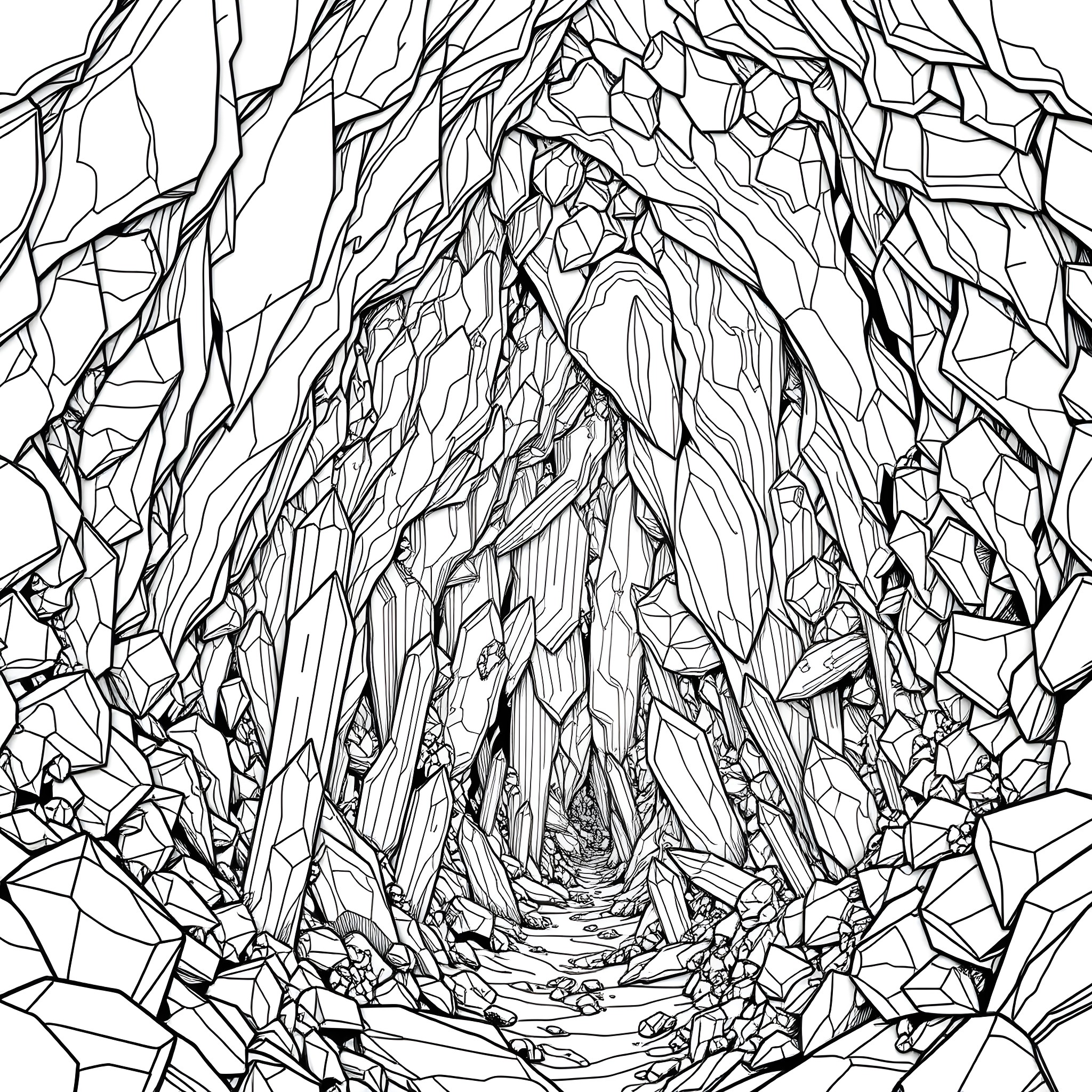 Crystal Cave Passage through Geometric Formations Coloring Page (free black-and-white line drawing printable PDF for all, from beginners to advanced learners, including children, teens, adults, and seniors)