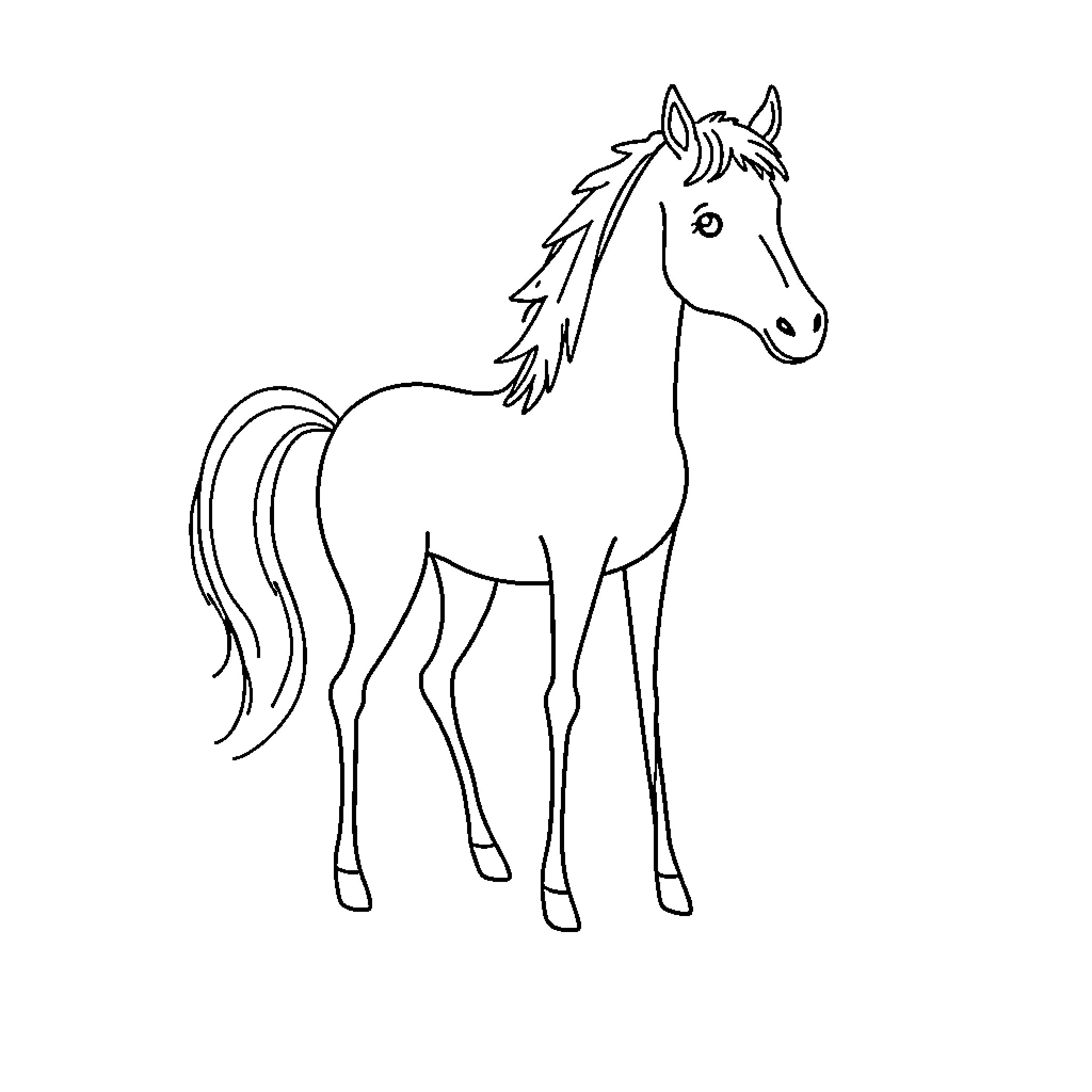 Horse standing majestically Coloring Page (free black-and-white line drawing printable PDF for all, from beginners to advanced learners, including children, teens, adults, and seniors)