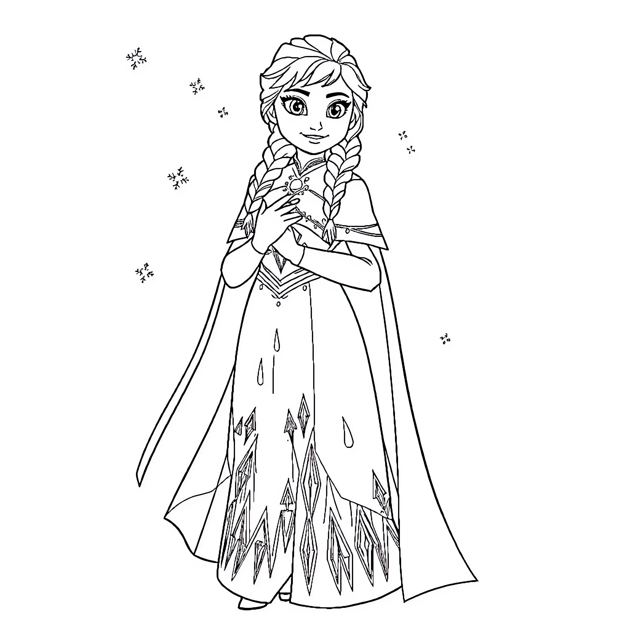 Frozen heroine in winter wonderland dress Coloring Page (free black-and-white line drawing printable PDF for all, from beginners to advanced learners, including children, teens, adults, and seniors)