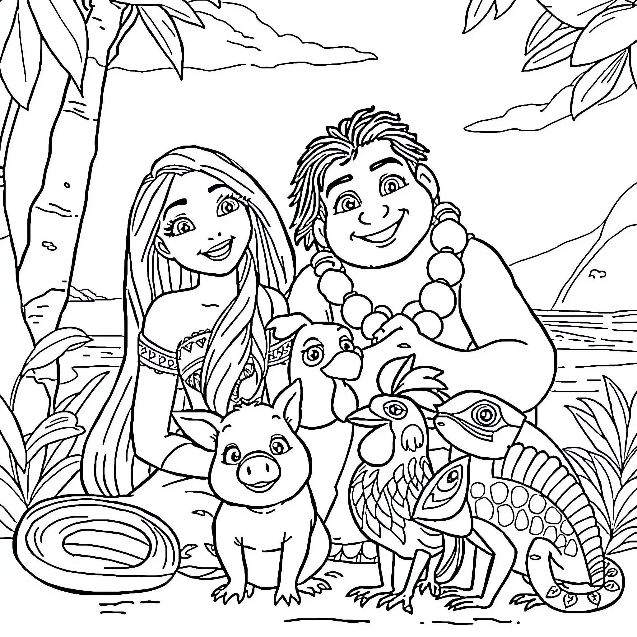 Rapunzel and Friends Explore the Enchanted Forest Coloring Page (free black-and-white line drawing printable PDF for all, from beginners to advanced learners, including children, teens, adults, and seniors)