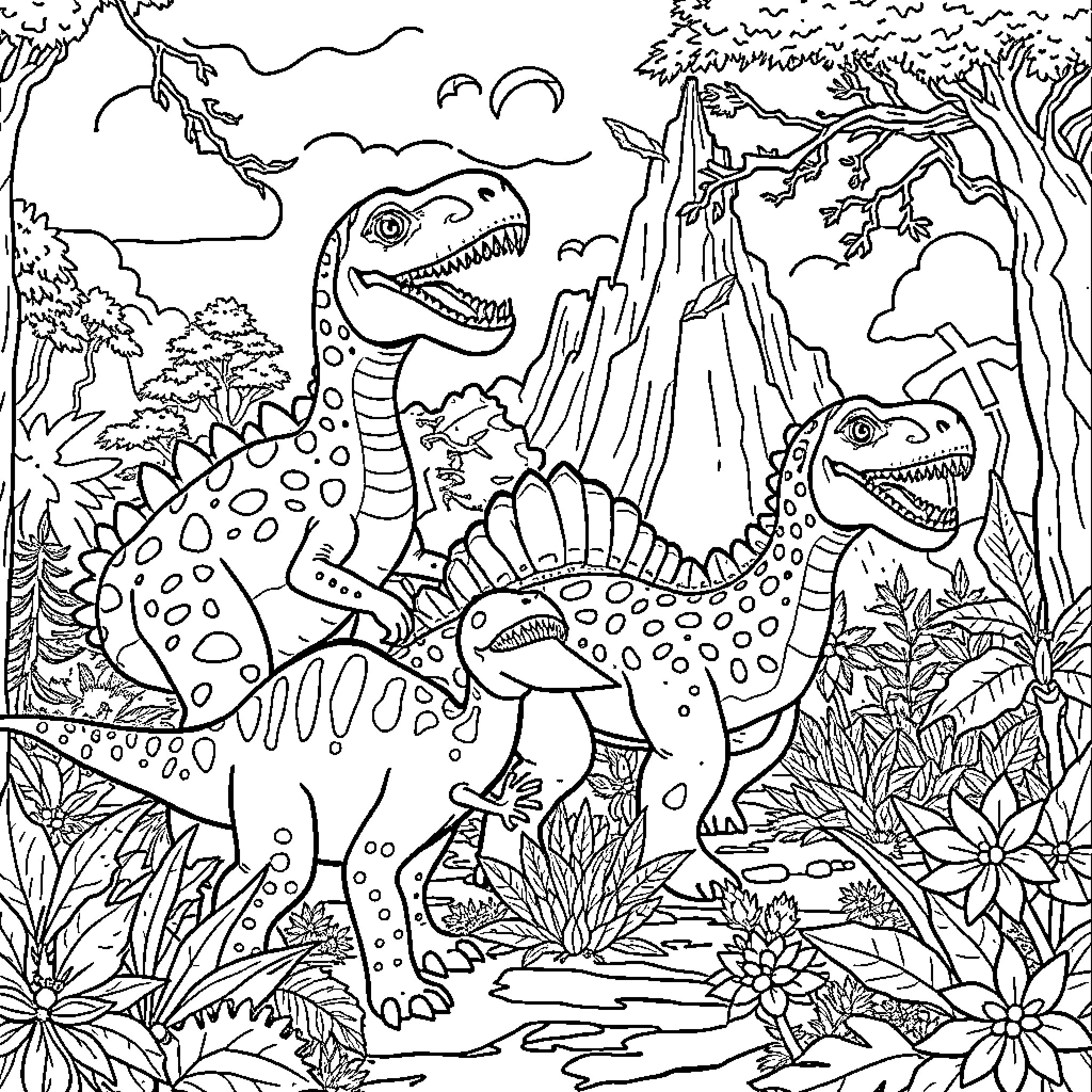 Dinosaurs Roaming in a Lush Prehistoric Landscape Coloring Page (free black-and-white line drawing printable PDF for all, from beginners to advanced learners, including children, teens, adults, and seniors)