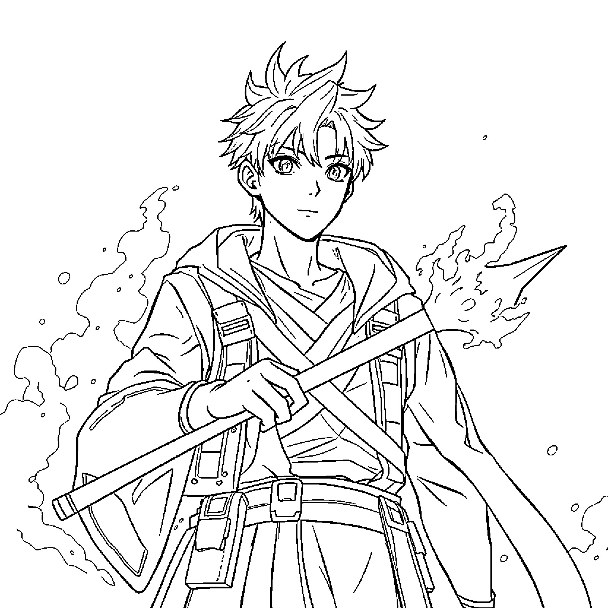 Solo Leveling: Protagonist Wielding Sword in Action Coloring Page (free black-and-white line drawing printable PDF for all, from beginners to advanced learners, including children, teens, adults, and seniors)