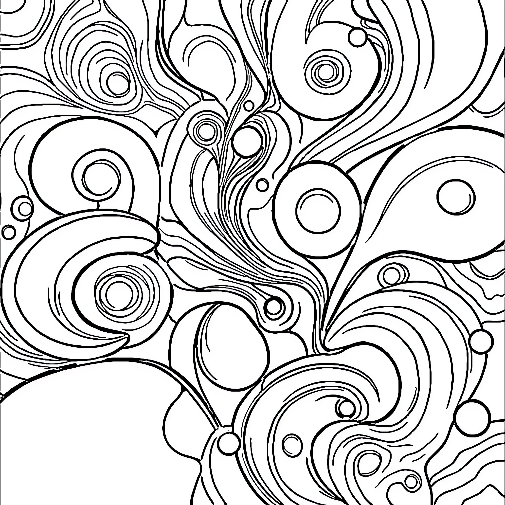 Abstract Art with Swirling Patterns and Shapes Coloring Page (free black-and-white line drawing printable PDF for all, from beginners to advanced learners, including children, teens, adults, and seniors)