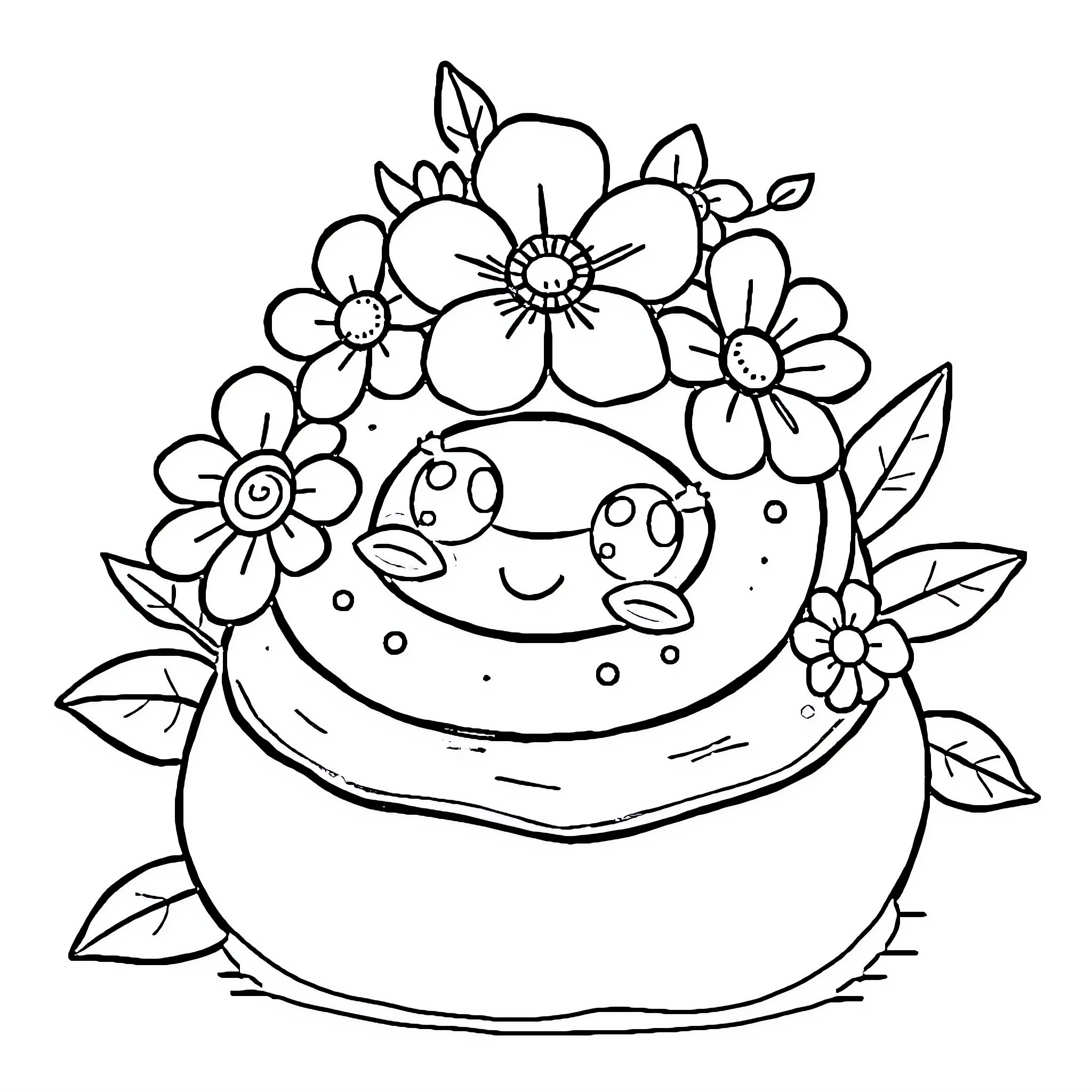 Cinnamonroll happily surrounded by whimsical flowers Coloring Page (free black-and-white line drawing printable PDF for all, from beginners to advanced learners, including children, teens, adults, and seniors)