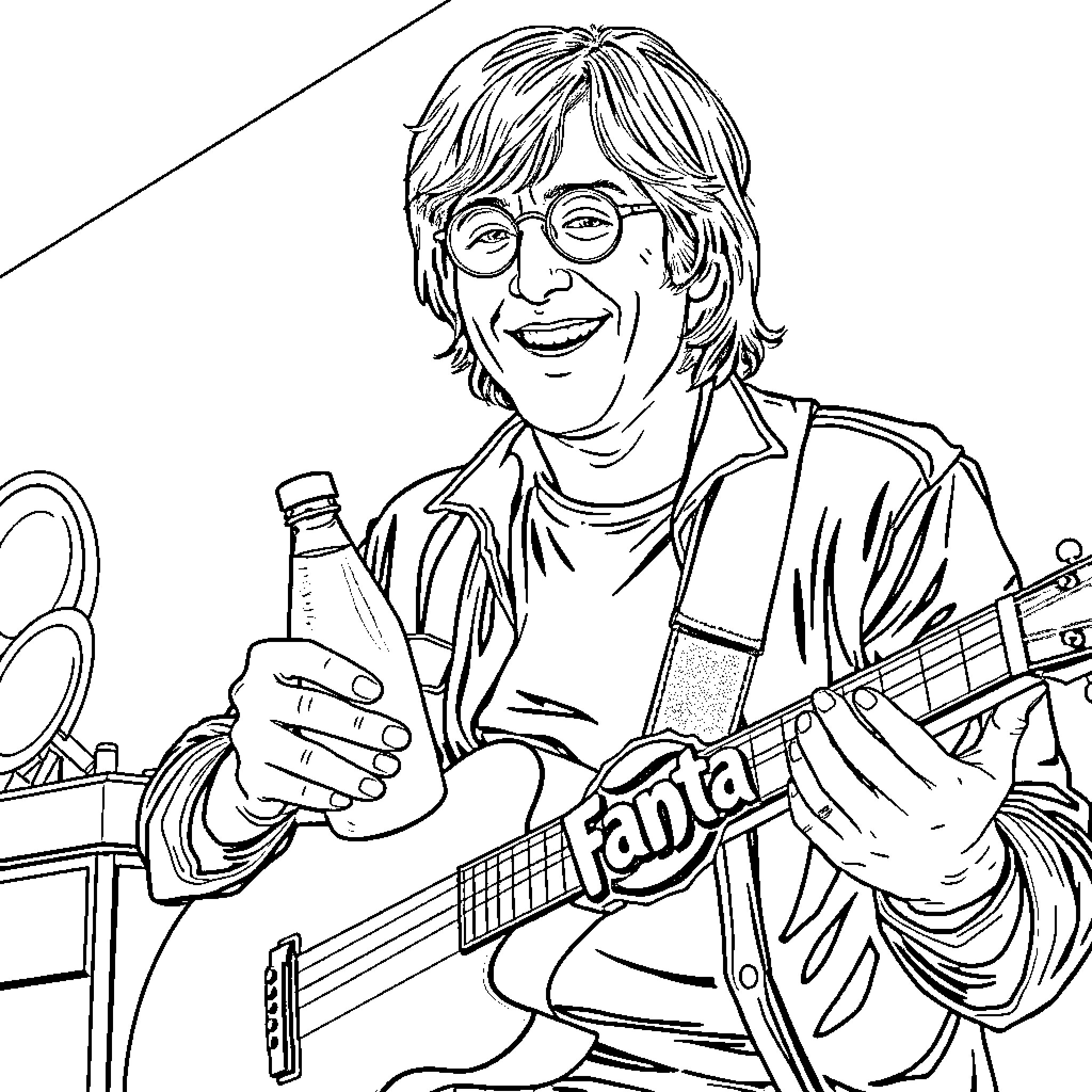 Bob Lennon performing with guitar and soda Coloring Page (free black-and-white line drawing printable PDF for all, from beginners to advanced learners, including children, teens, adults, and seniors)