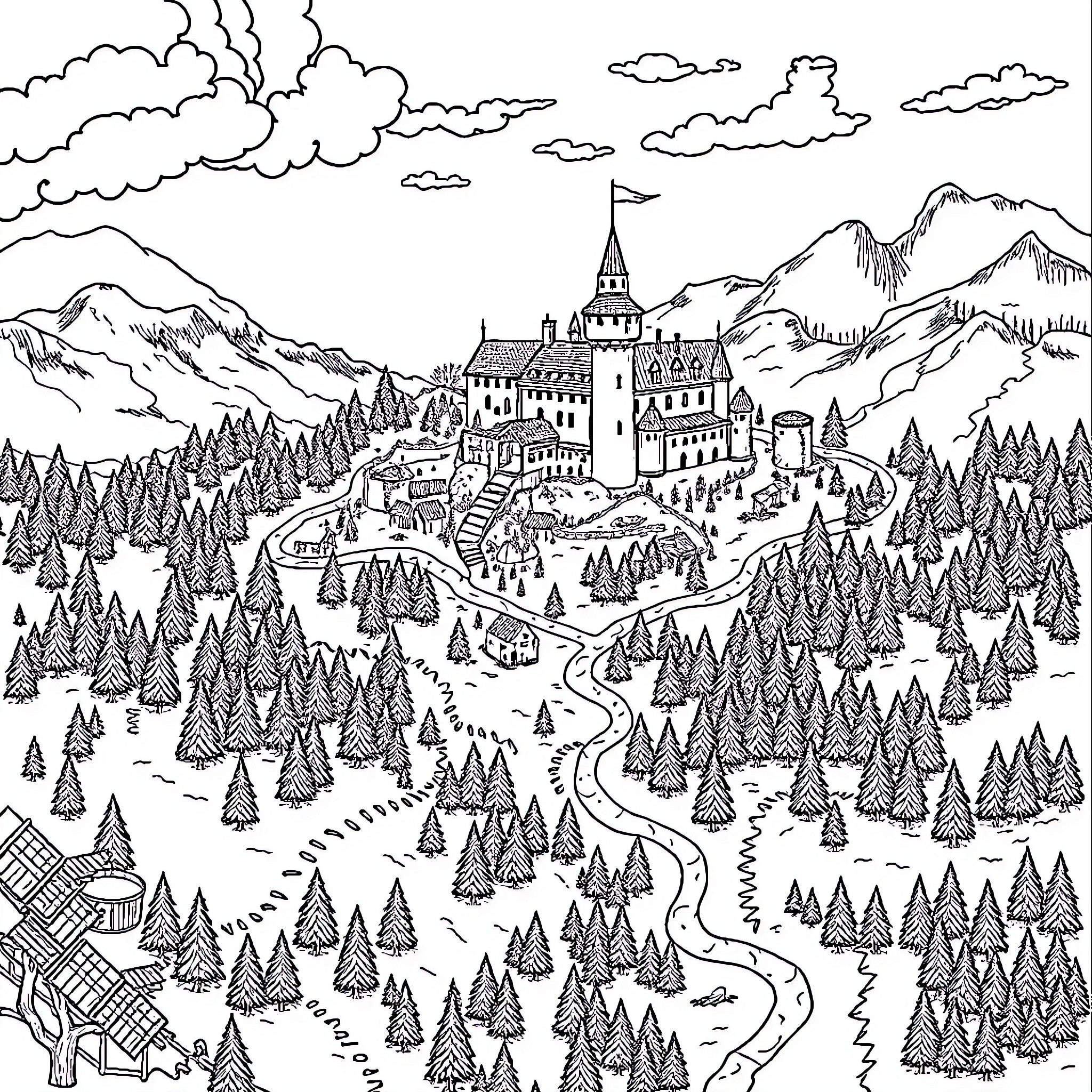 Medieval Map of a Mountainous Castle Town Coloring Page (free black-and-white line drawing printable PDF for all, from beginners to advanced learners, including children, teens, adults, and seniors)