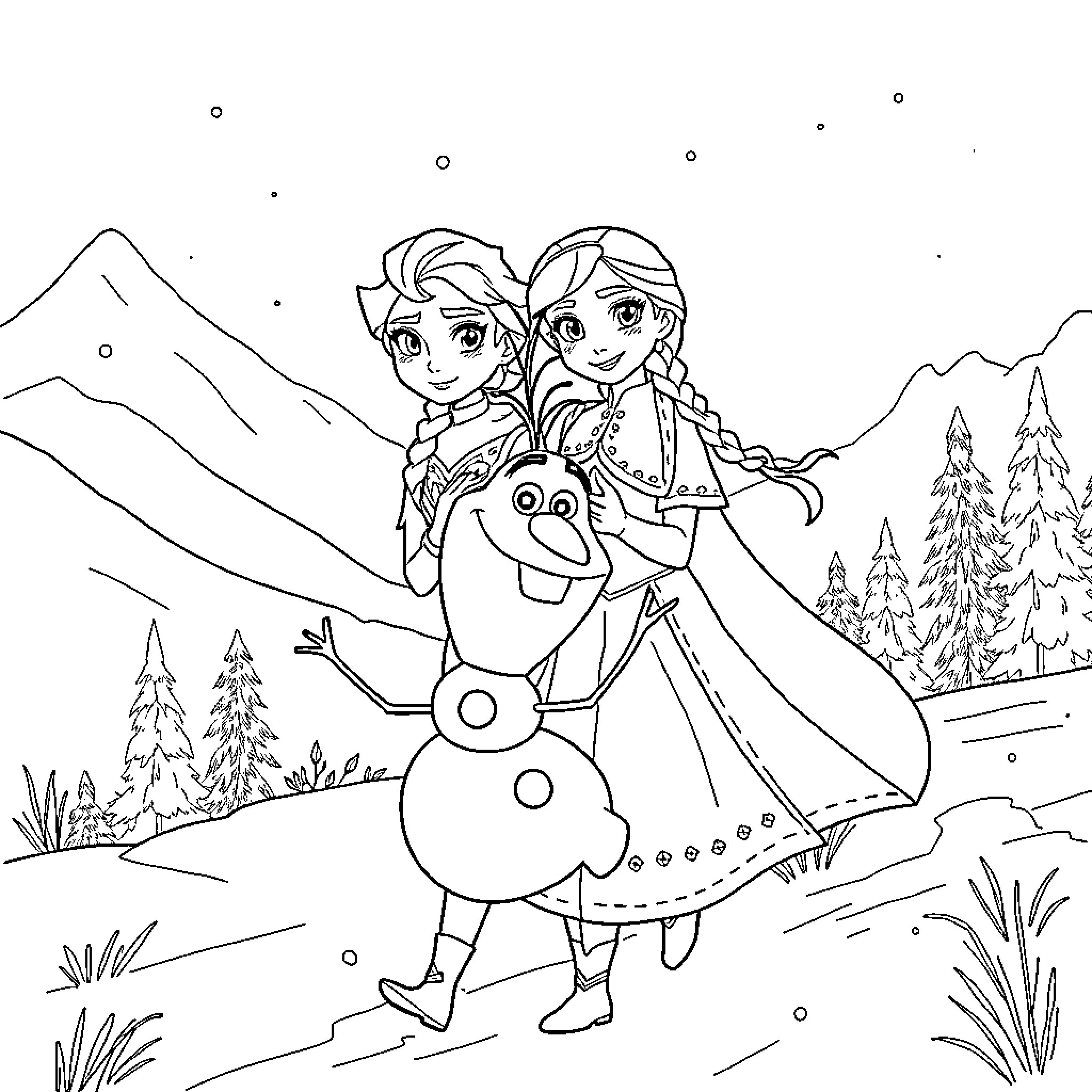 Elsa and Anna on a Winter Adventure with Olaf Coloring Page (free black-and-white line drawing printable PDF for all, from beginners to advanced learners, including children, teens, adults, and seniors)