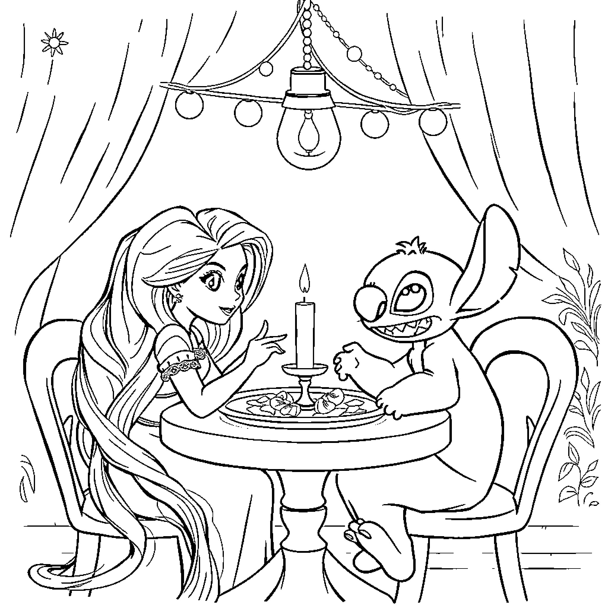 Rapunzel having a cozy evening with her friend Stitch Coloring Page (free black-and-white line drawing printable PDF for all, from beginners to advanced learners, including children, teens, adults, and seniors)