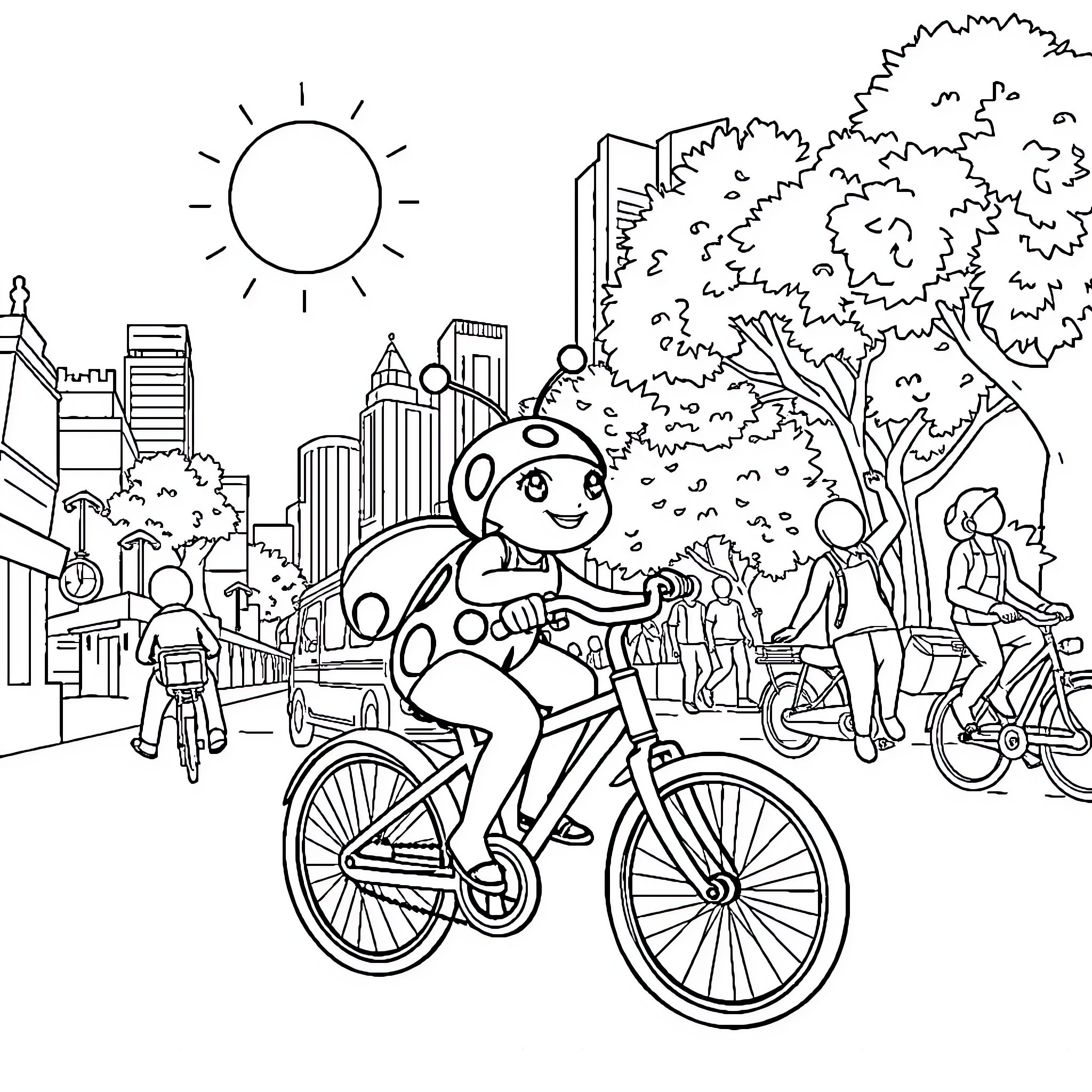 Ladybug riding a bicycle in the city Coloring Page (free black-and-white line drawing printable PDF for all, from beginners to advanced learners, including children, teens, adults, and seniors)