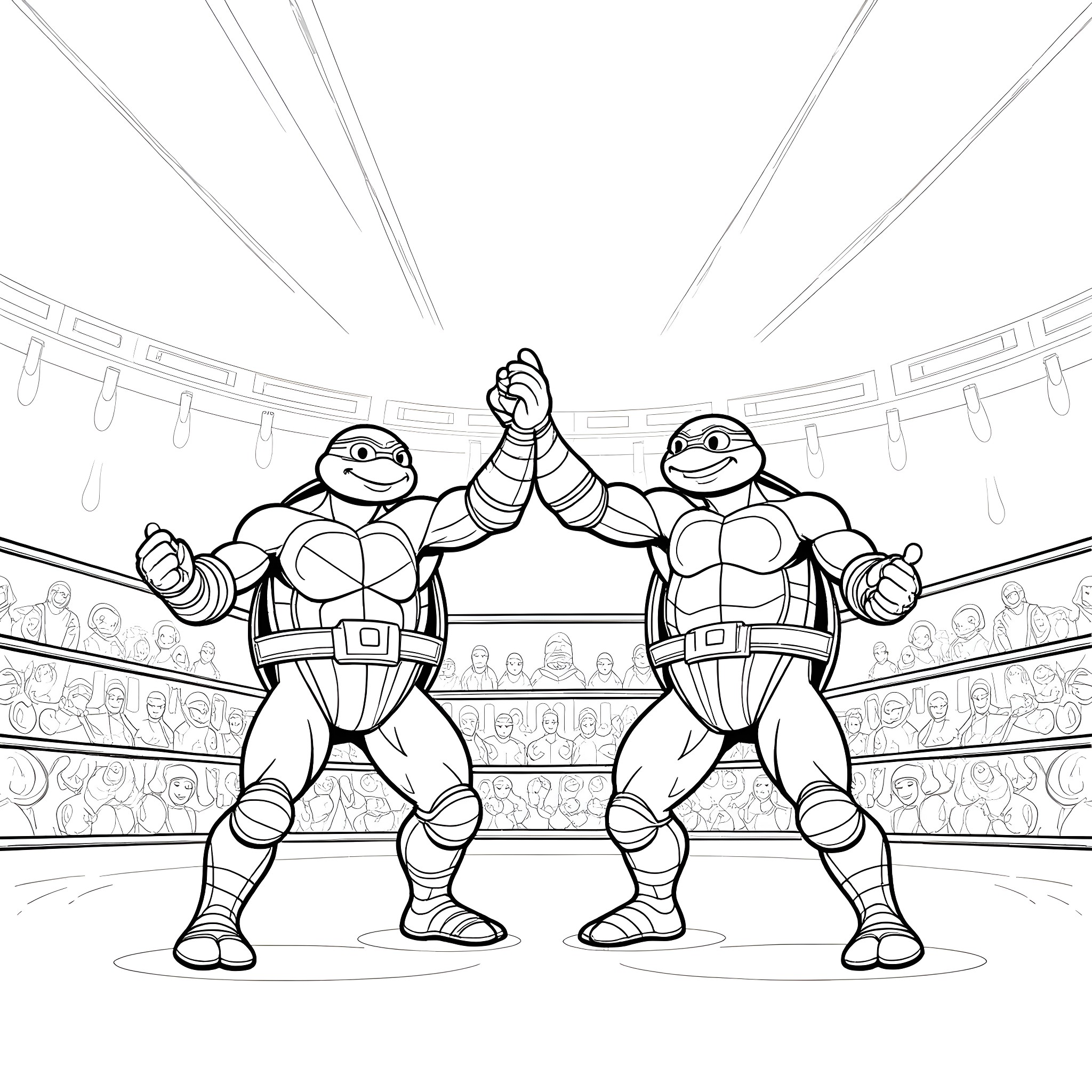 Ninja Turtles High-Fiving in a Wrestling Arena Coloring Page (free black-and-white line drawing printable PDF for all, from beginners to advanced learners, including children, teens, adults, and seniors)