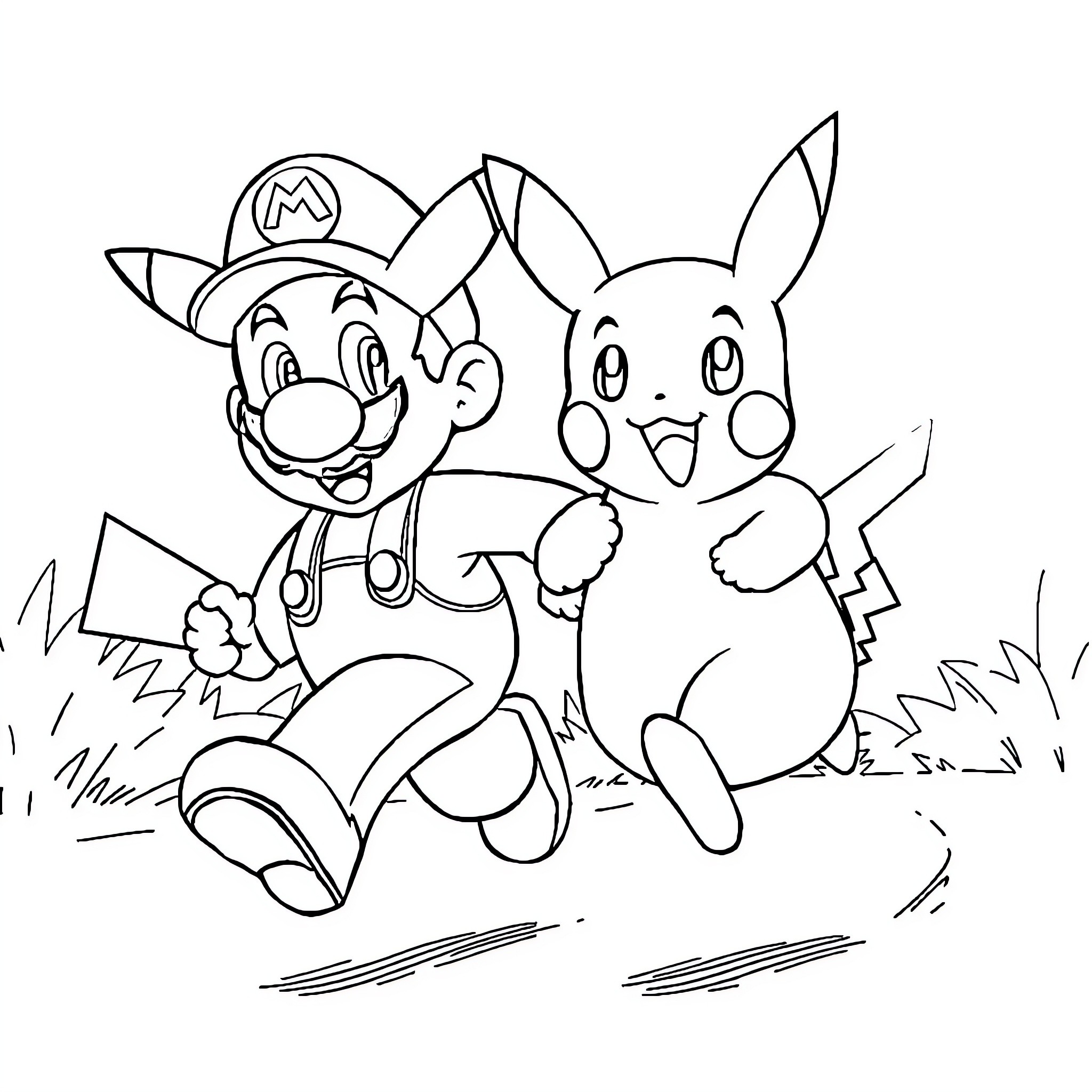 Pikachu and Mario friends exploring nature Coloring Page (free black-and-white line drawing printable PDF for all, from beginners to advanced learners, including children, teens, adults, and seniors)