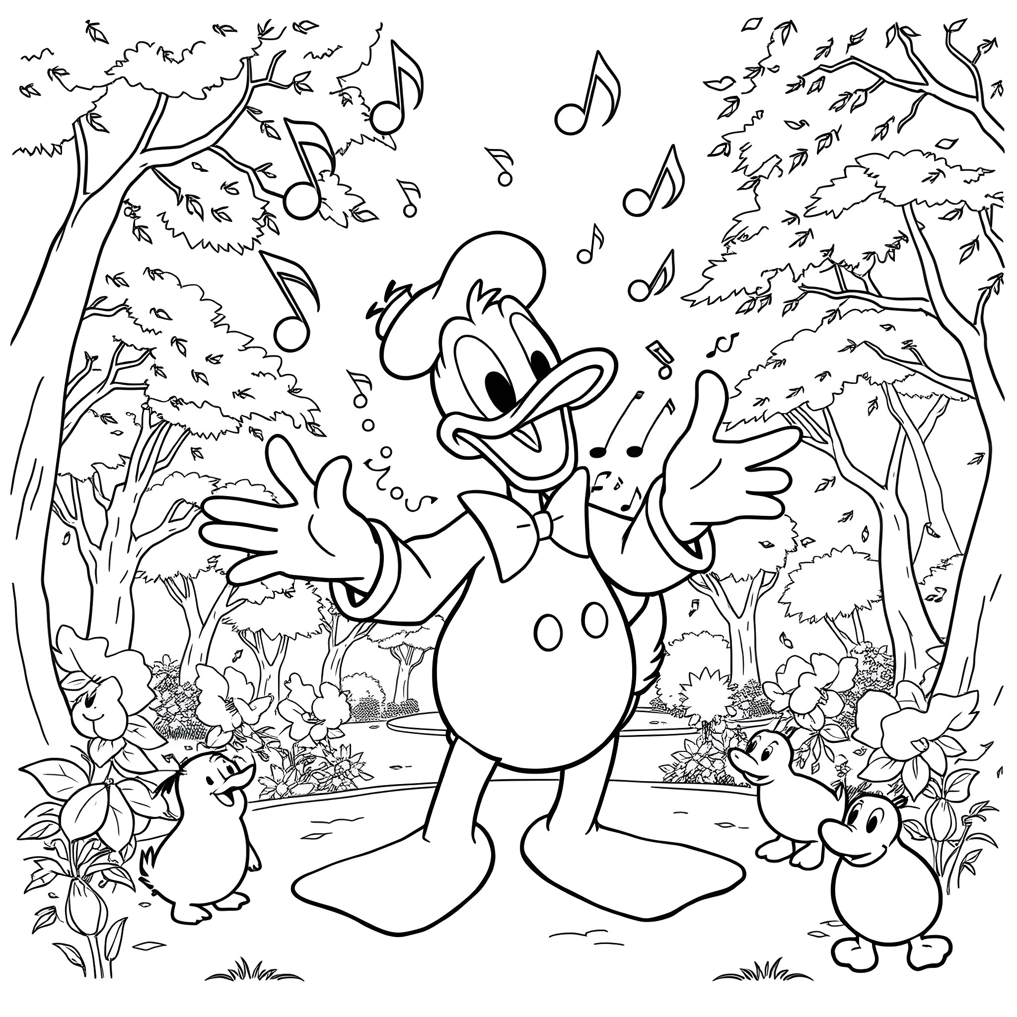 Donald Duck singing joyfully with musical notes in the forest Coloring Page (free black-and-white line drawing printable PDF for all, from beginners to advanced learners, including children, teens, adults, and seniors)