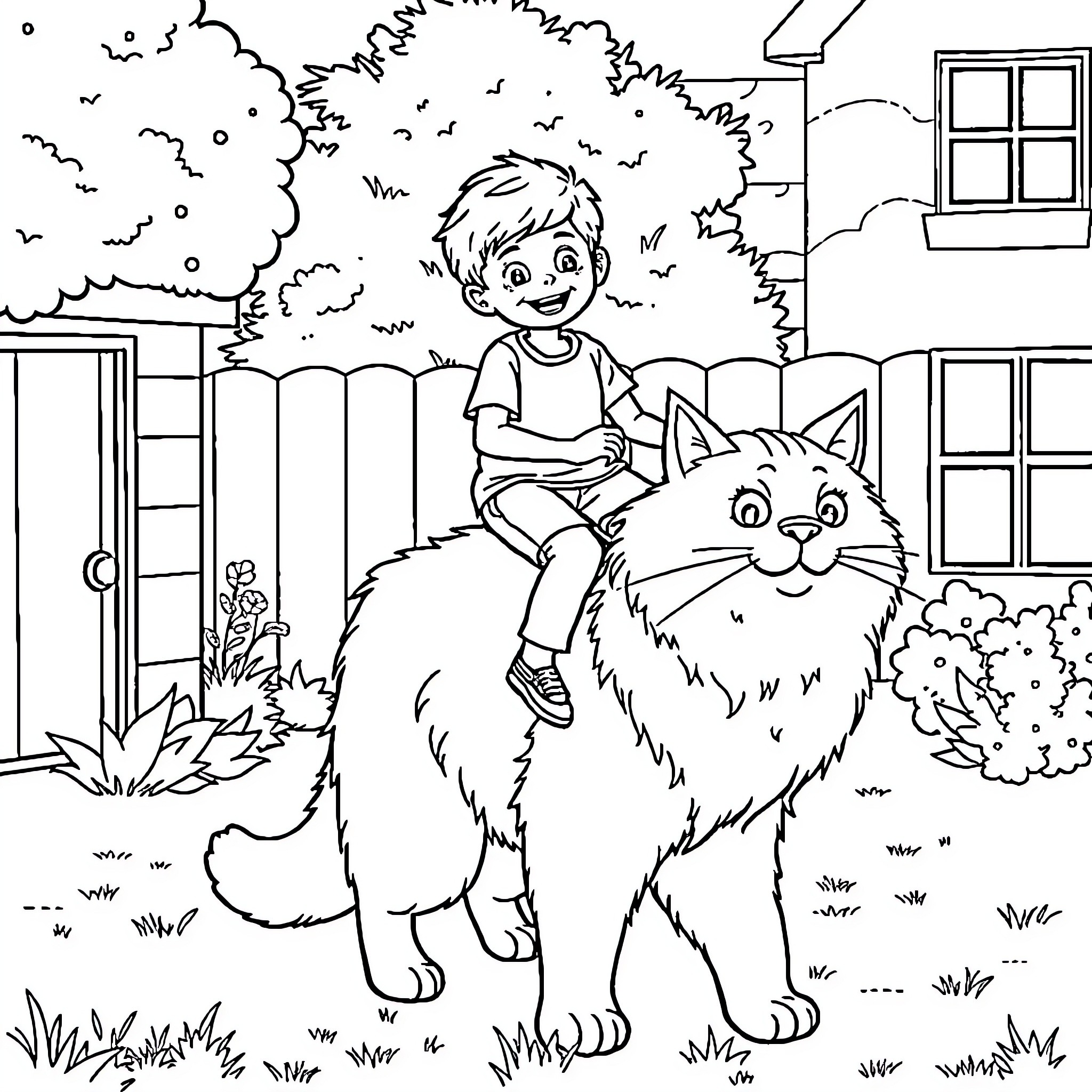 Boy playing happily with a friendly cat in the backyard Coloring Page (free black-and-white line drawing printable PDF for all, from beginners to advanced learners, including children, teens, adults, and seniors)
