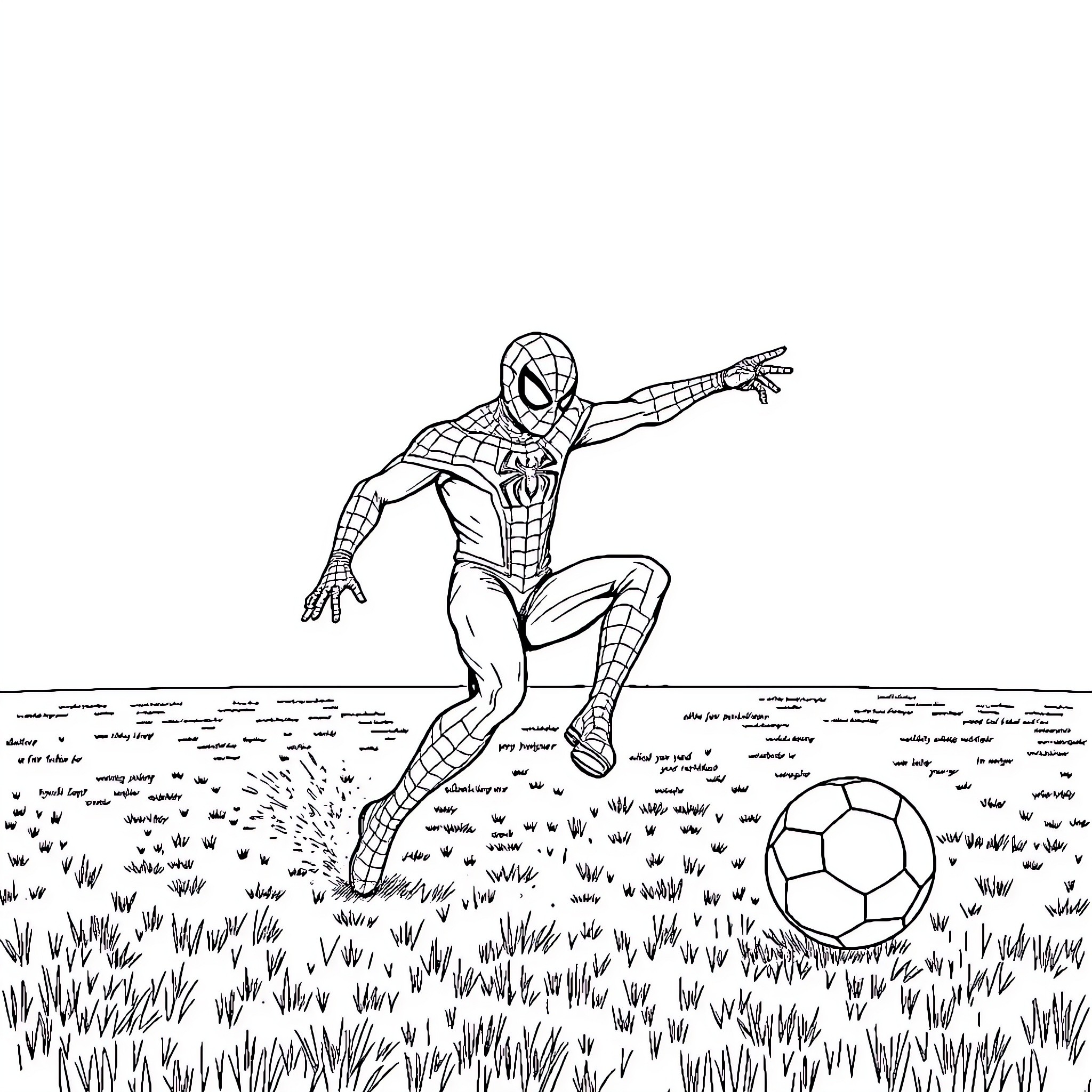 Spiderman playing soccer in a grassy field Coloring Page (free black-and-white line drawing printable PDF for all, from beginners to advanced learners, including children, teens, adults, and seniors)