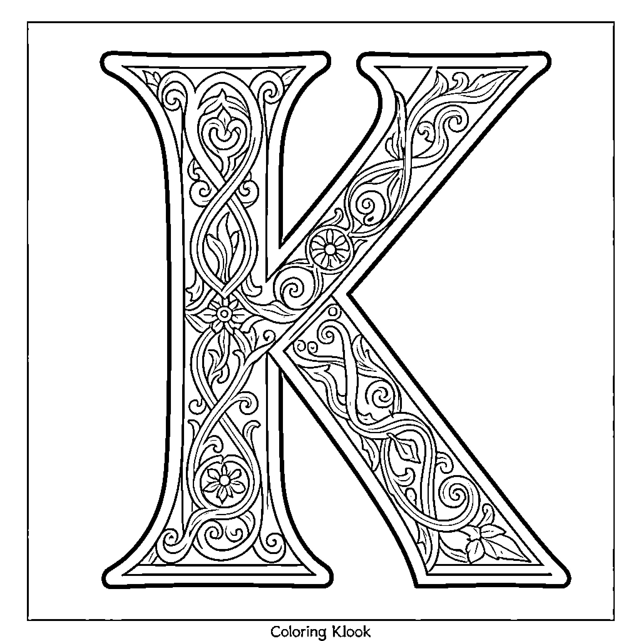Letter K with ornamental floral patterns Coloring Page (free black-and-white line drawing printable PDF for all, from beginners to advanced learners, including children, teens, adults, and seniors)