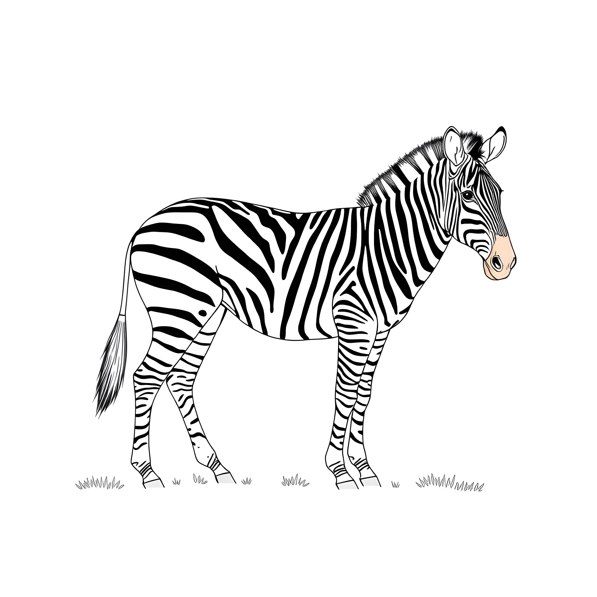 Zebra standing on the grassland Coloring Page (free black-and-white line drawing printable PDF for all, from beginners to advanced learners, including children, teens, adults, and seniors)