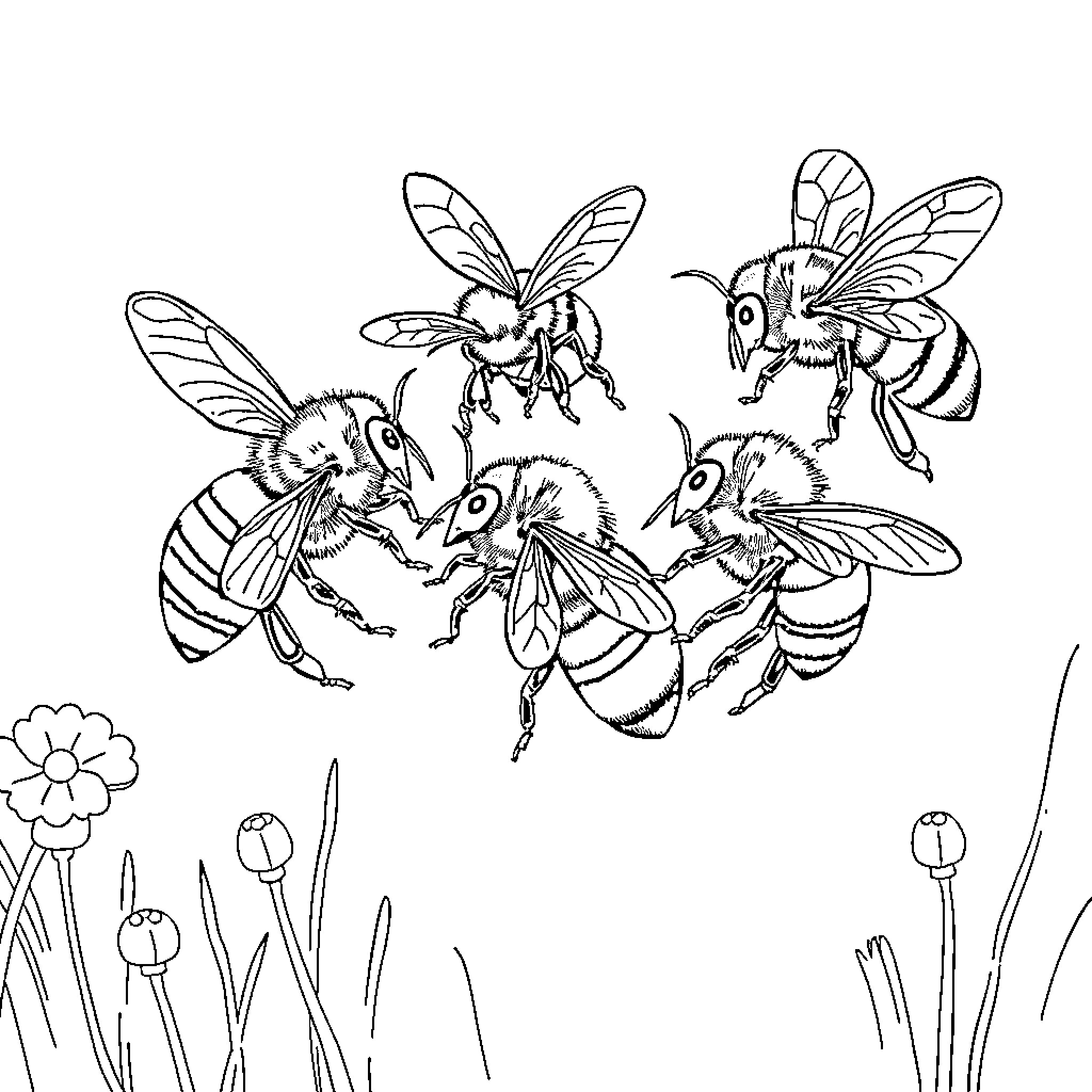 Bee swarm exploring flowers in nature Coloring Page (free black-and-white line drawing printable PDF for all, from beginners to advanced learners, including children, teens, adults, and seniors)