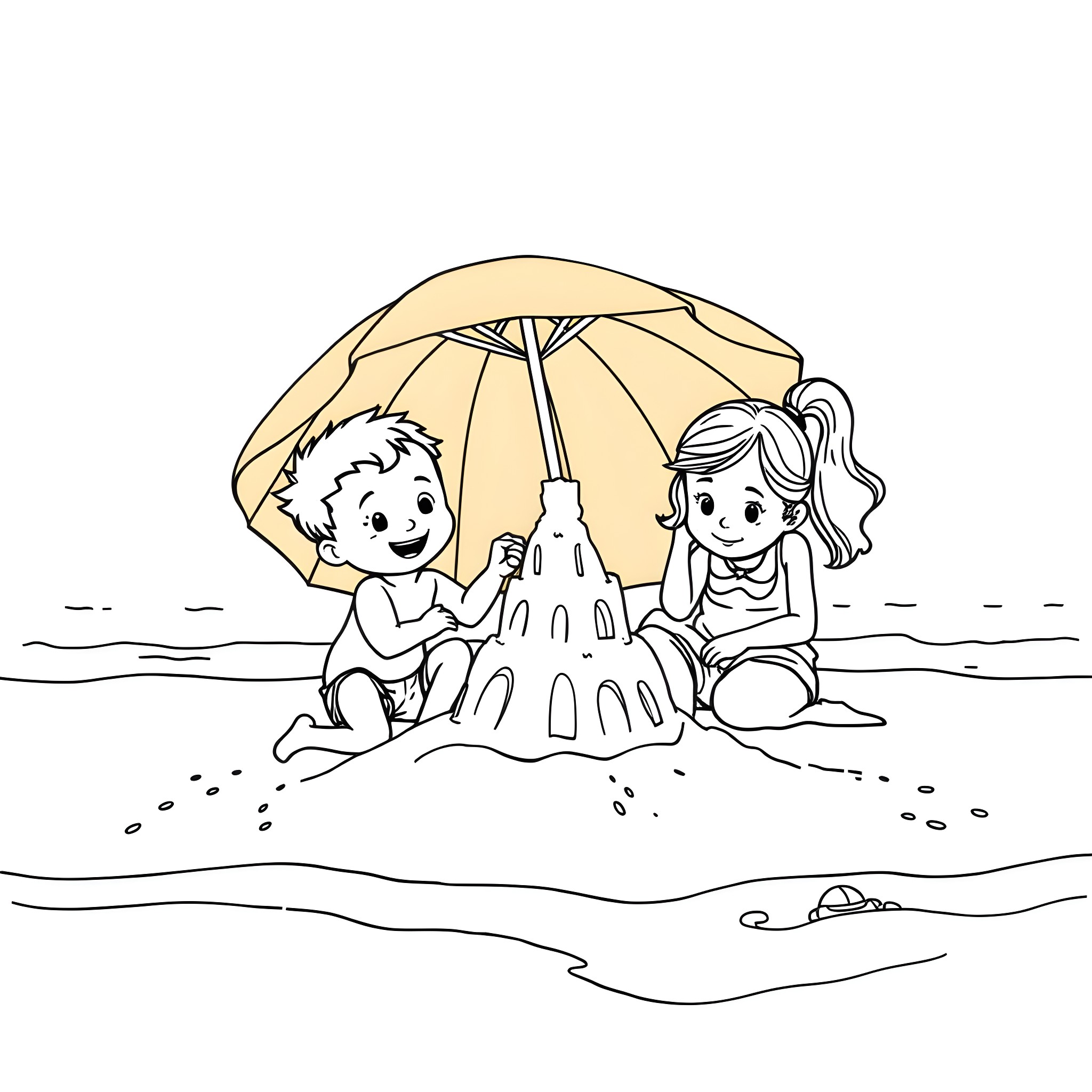 Child building sand castle with friend on the beach Coloring Page (free black-and-white line drawing printable PDF for all, from beginners to advanced learners, including children, teens, adults, and seniors)