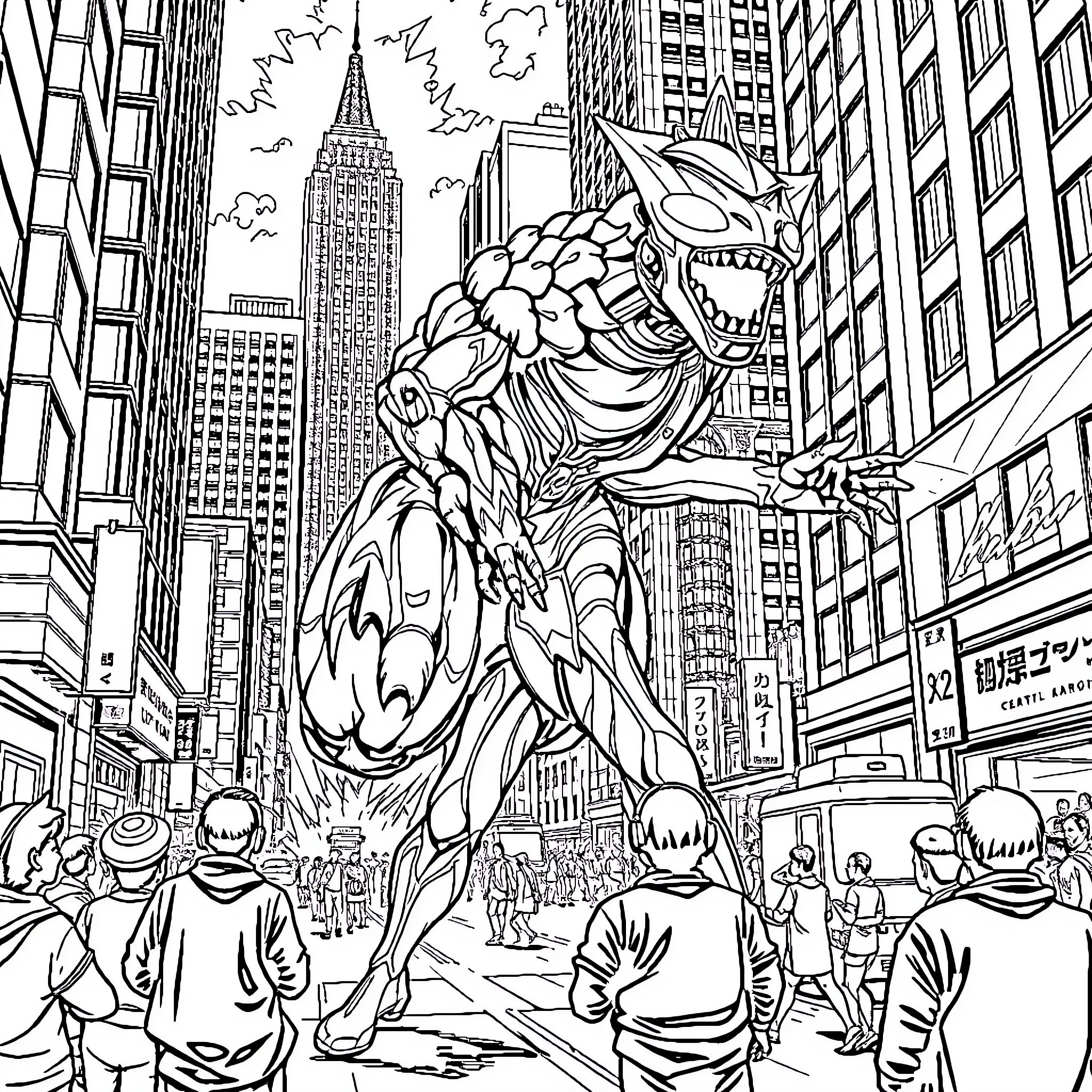 Ultraman Battles Fierce Kaiju in the City Coloring Page (free black-and-white line drawing printable PDF for all, from beginners to advanced learners, including children, teens, adults, and seniors)