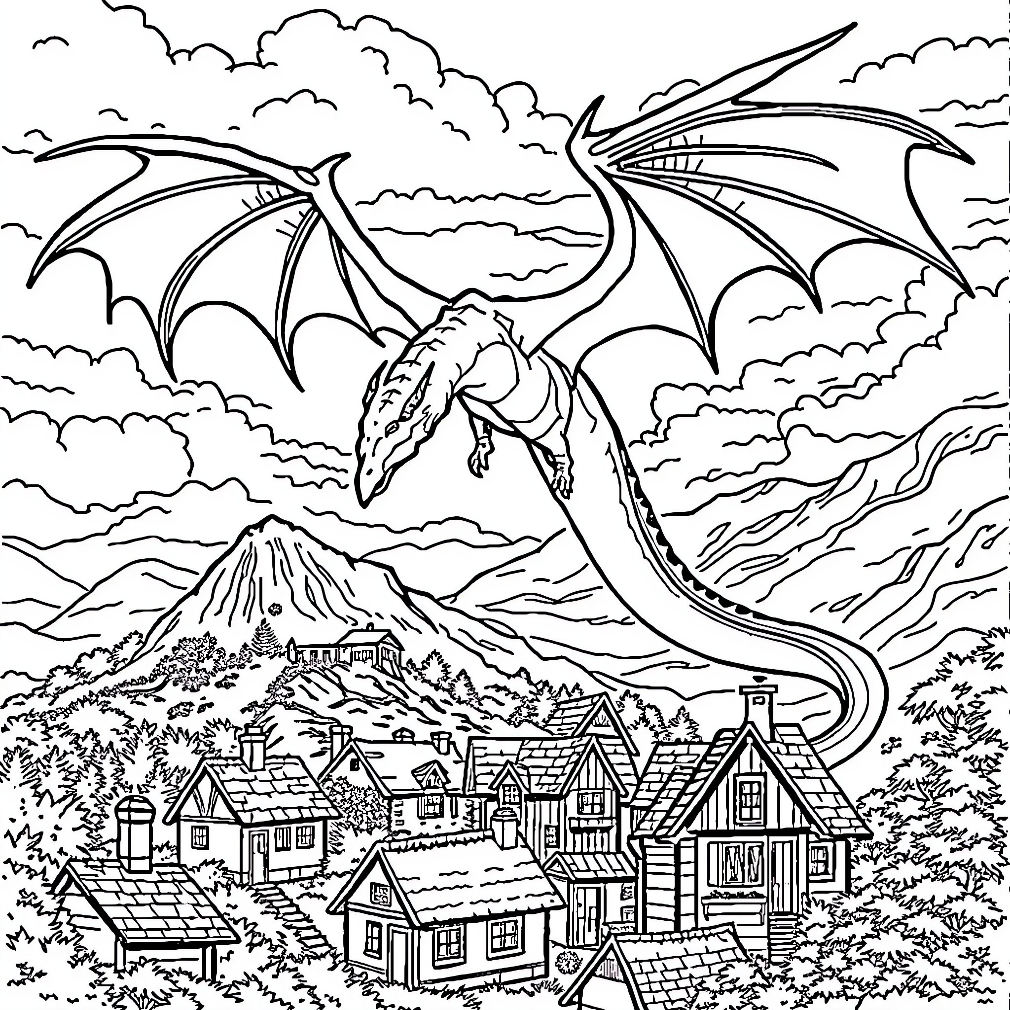 Dragon soaring over a medieval village in the mountains Coloring Page (free black-and-white line drawing printable PDF for all, from beginners to advanced learners, including children, teens, adults, and seniors)