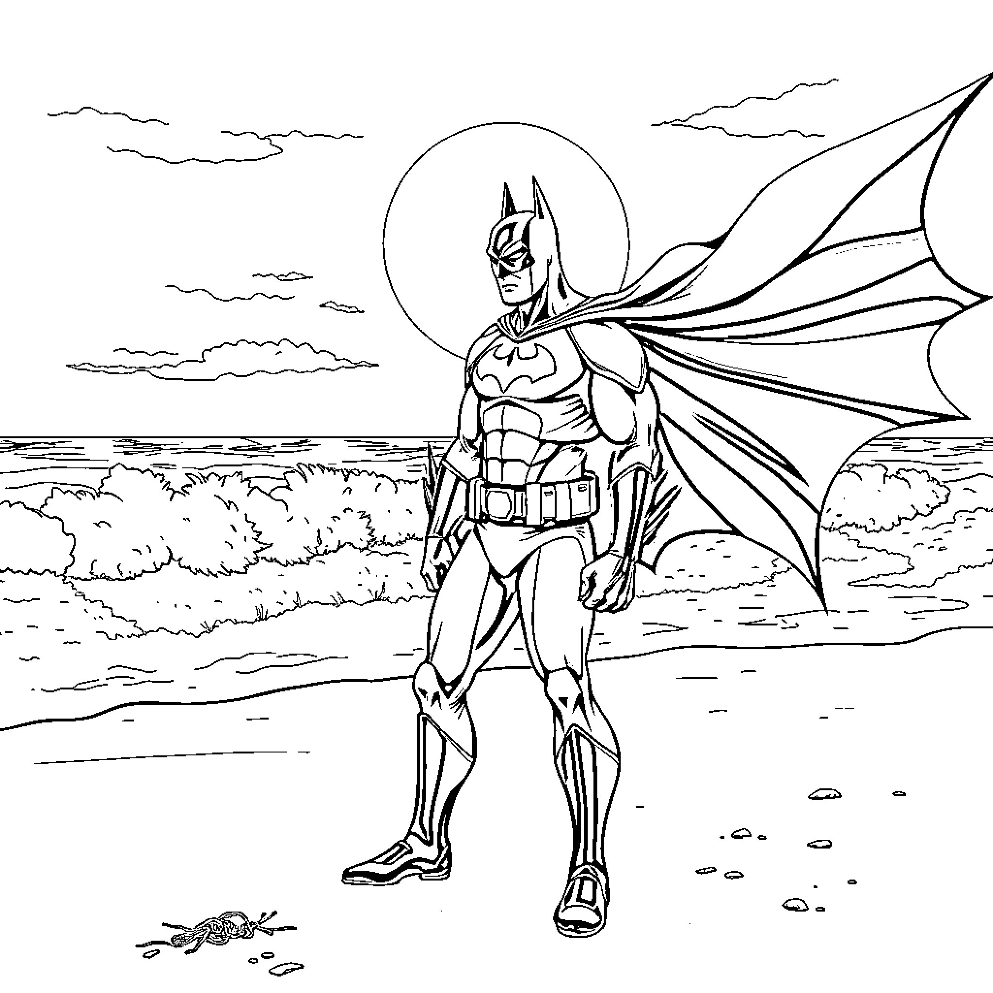 Batman standing heroically on a beach Coloring Page (free black-and-white line drawing printable PDF for all, from beginners to advanced learners, including children, teens, adults, and seniors)
