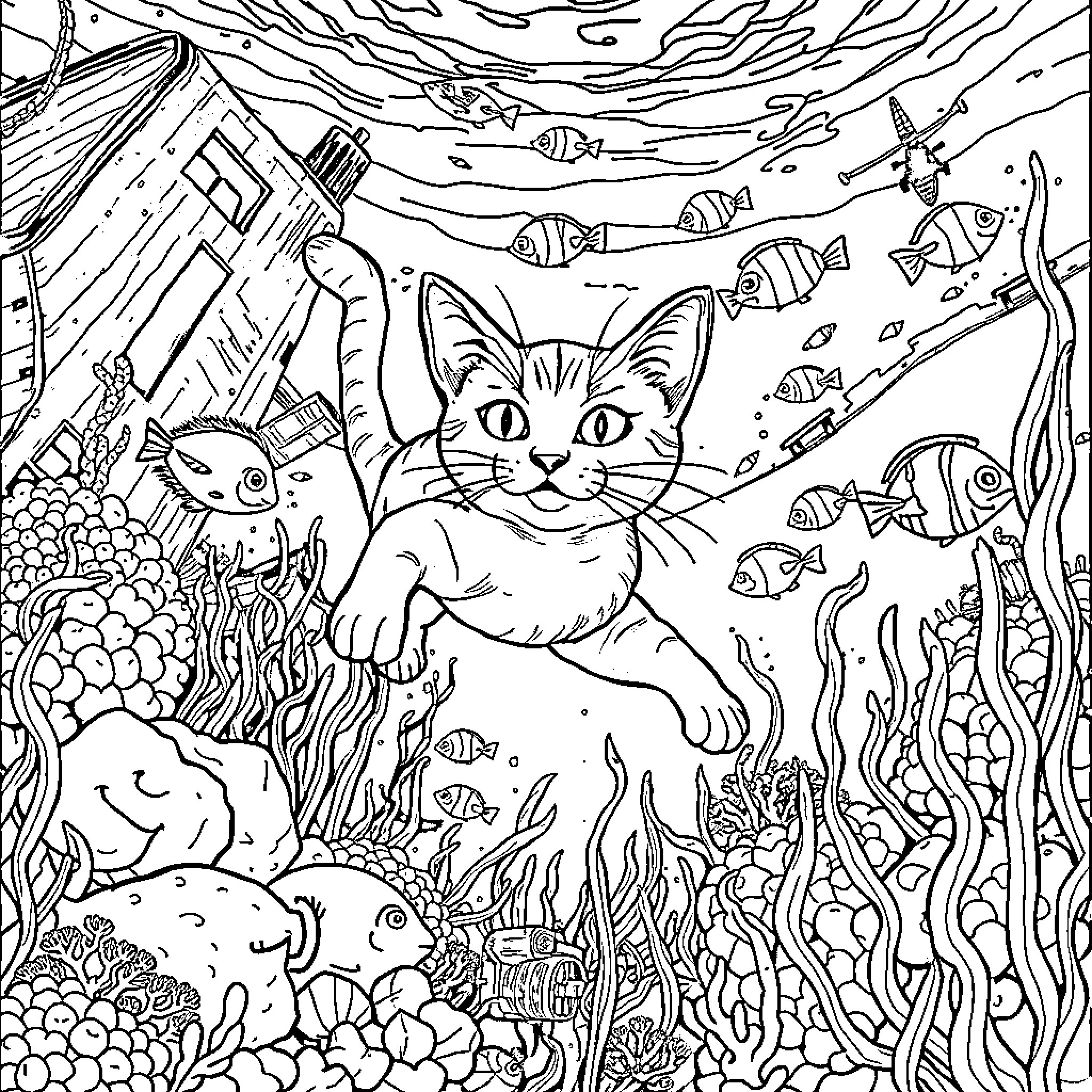 Cat exploring the underwater world Coloring Page (free black-and-white line drawing printable PDF for all, from beginners to advanced learners, including children, teens, adults, and seniors)