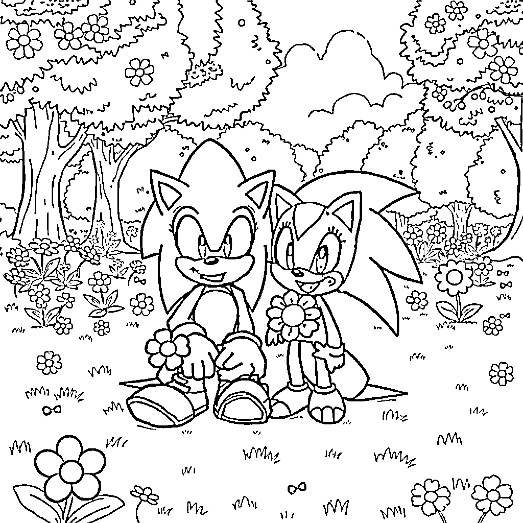 Sonic and Amy in Flower-Filled Forest Scene Coloring Page (free black-and-white line drawing printable PDF for all, from beginners to advanced learners, including children, teens, adults, and seniors)