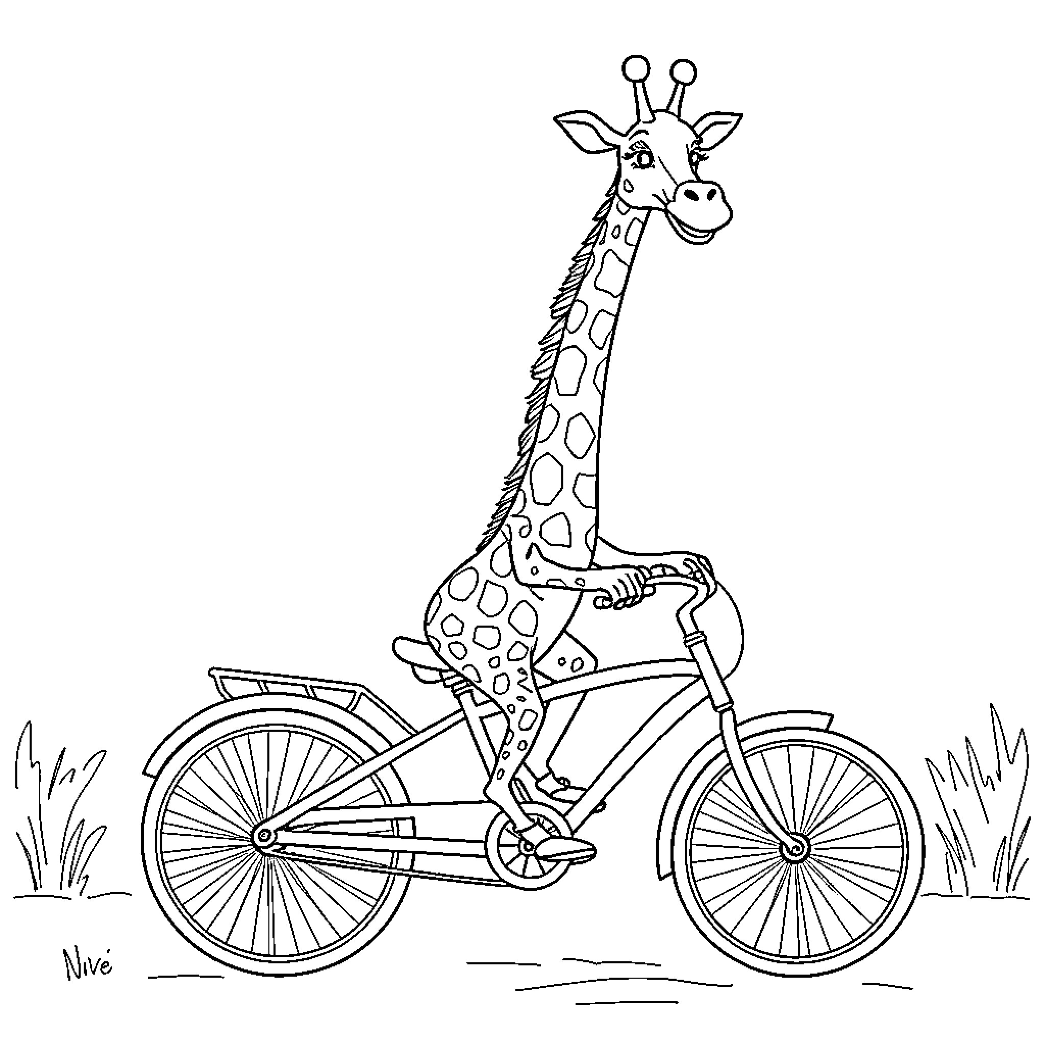Giraffe riding a bicycle in nature Coloring Page (free black-and-white line drawing printable PDF for all, from beginners to advanced learners, including children, teens, adults, and seniors)