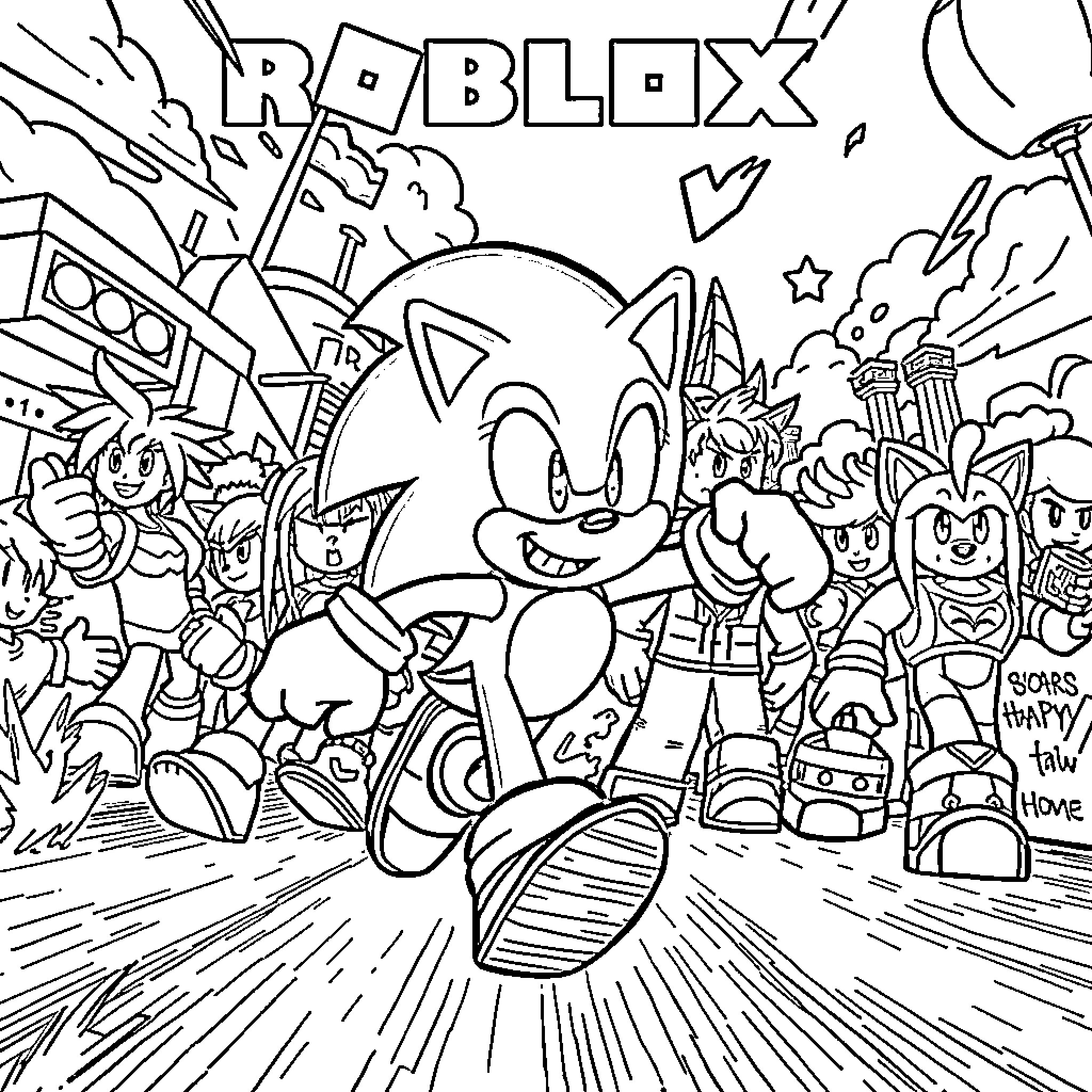 Sonic characters in action-packed Roblox adventure Coloring Page (free black-and-white line drawing printable PDF for all, from beginners to advanced learners, including children, teens, adults, and seniors)