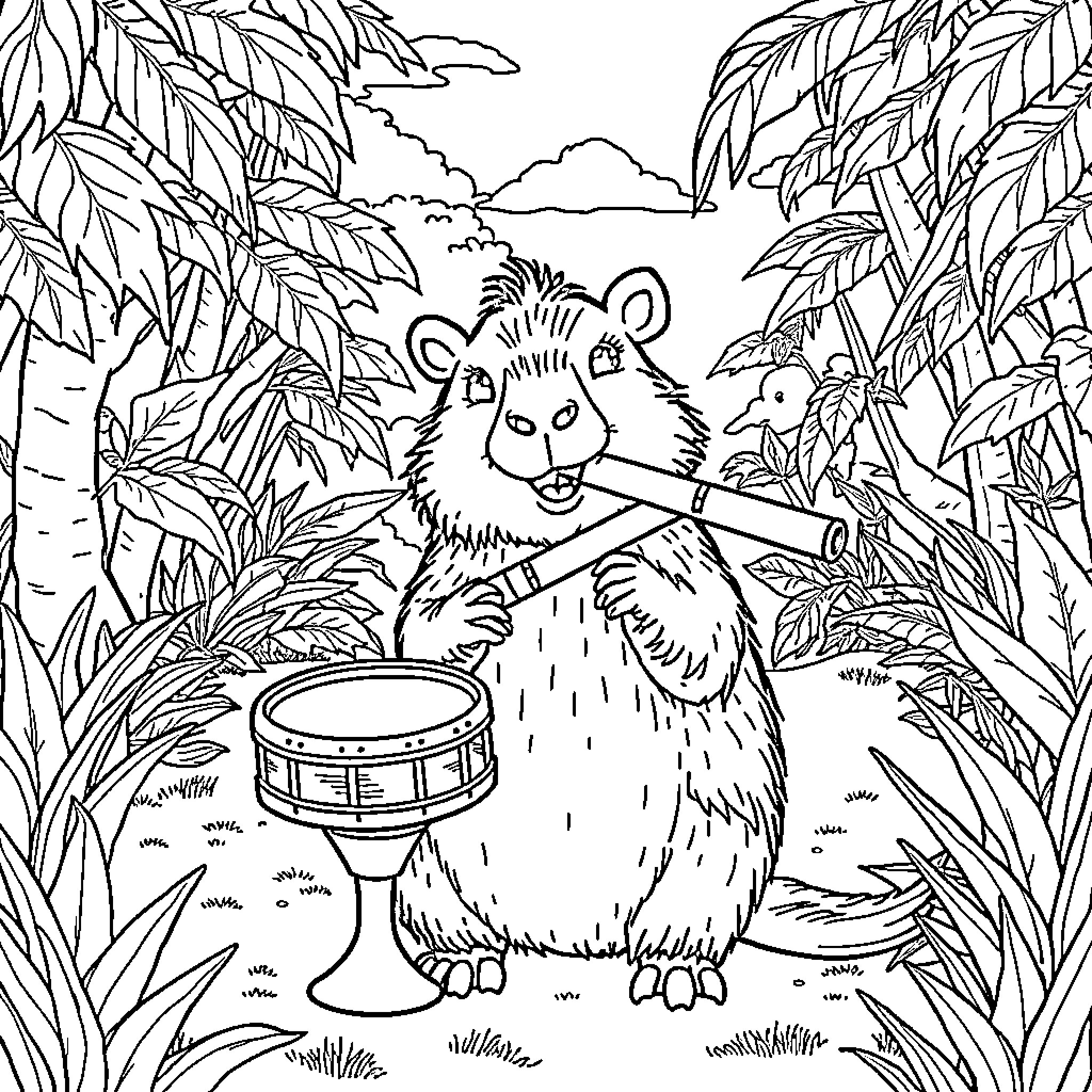 Capybara Drumming Joyfully in the Jungle Coloring Page (free black-and-white line drawing printable PDF for all, from beginners to advanced learners, including children, teens, adults, and seniors)