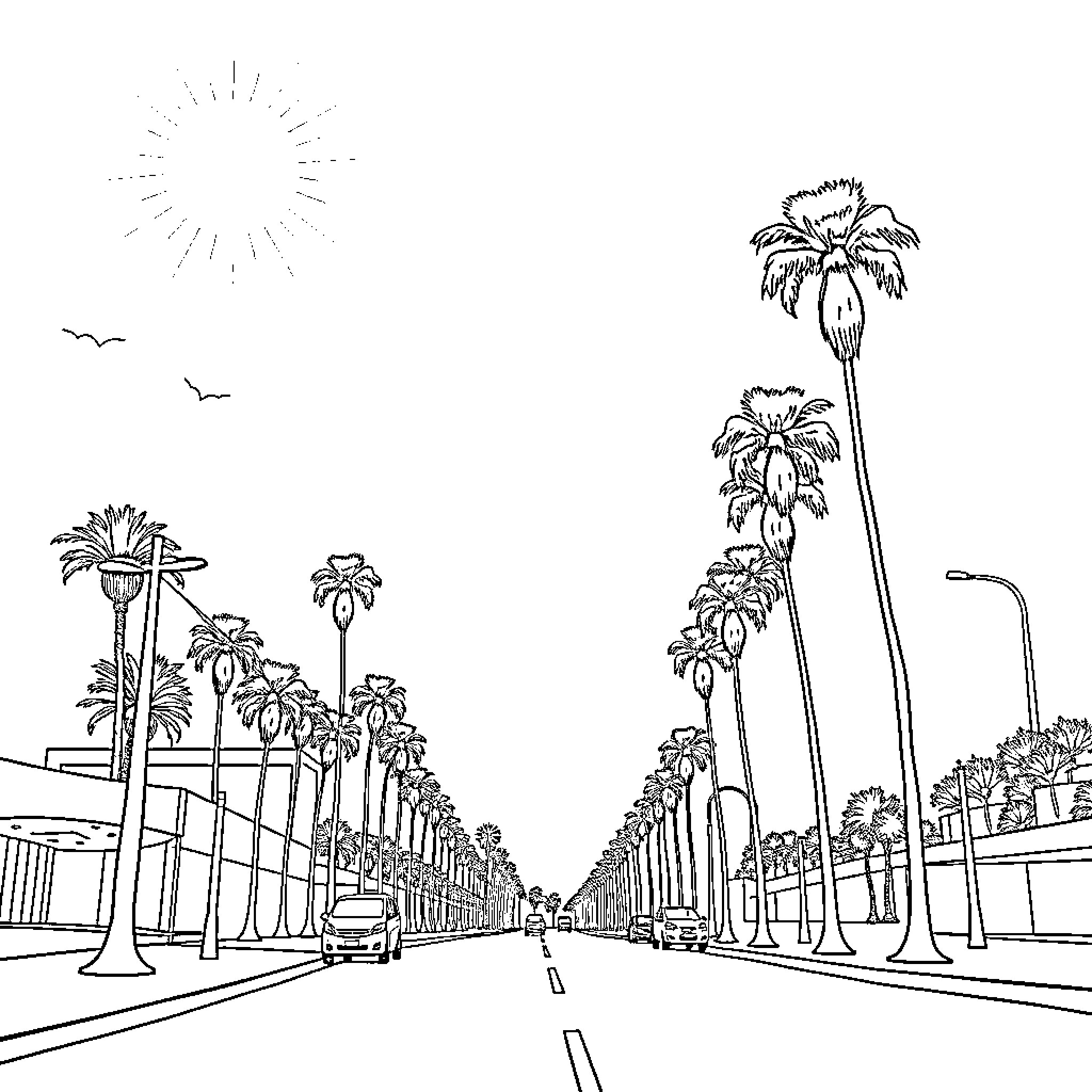 Summer Street Scene with Palm Trees Coloring Page (free black-and-white line drawing printable PDF for all, from beginners to advanced learners, including children, teens, adults, and seniors)