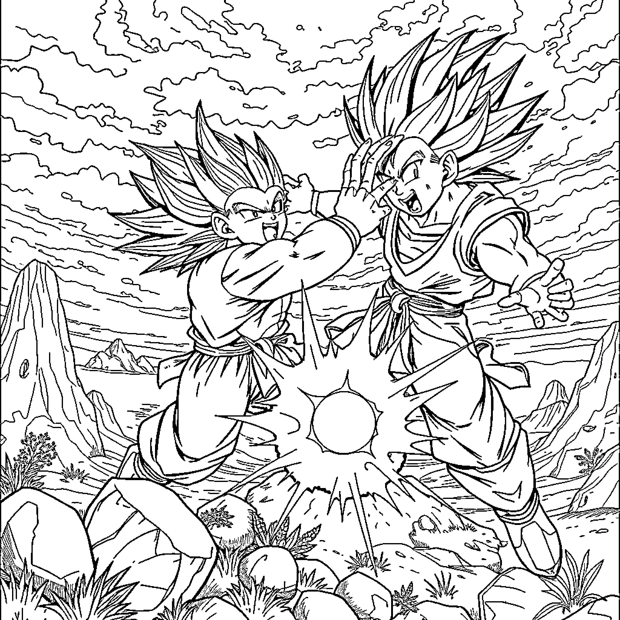 Vegeta and Goku in an intense battle scene Coloring Page (free black-and-white line drawing printable PDF for all, from beginners to advanced learners, including children, teens, adults, and seniors)