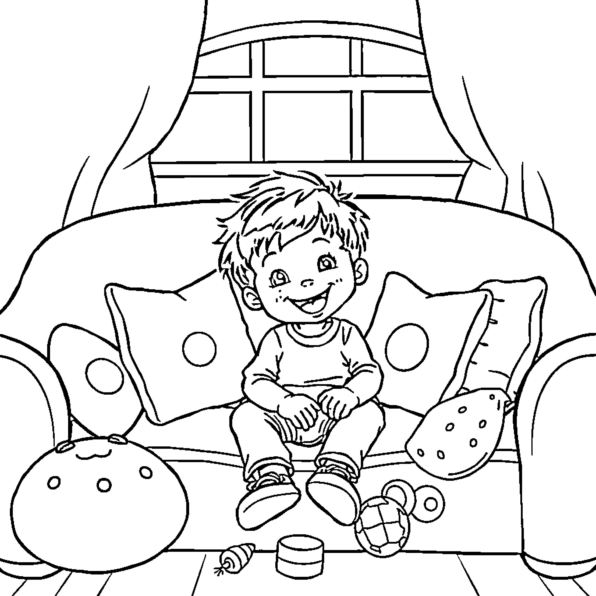 Child playing with toys on couch Coloring Page (free black-and-white line drawing printable PDF for all, from beginners to advanced learners, including children, teens, adults, and seniors)
